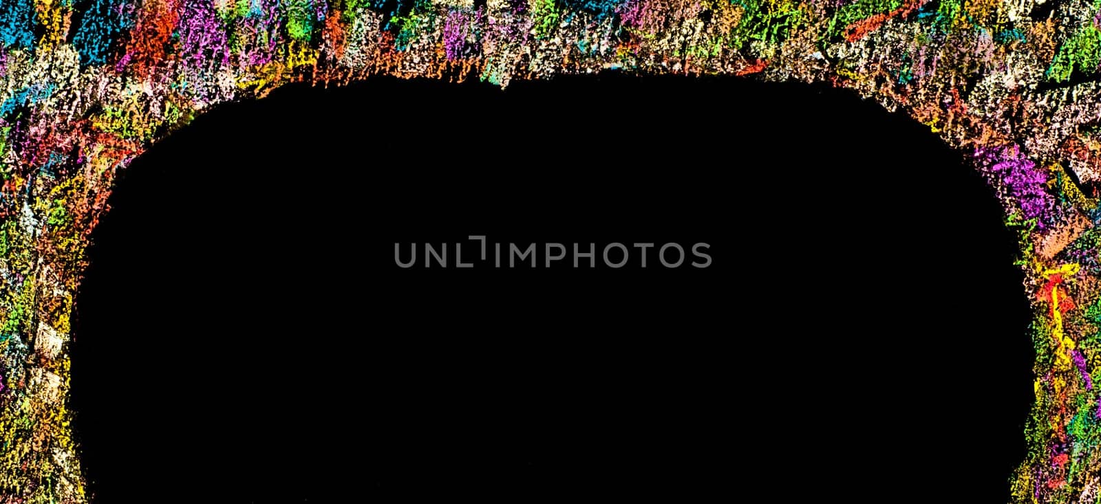 Colorful frame image isolated on black background, copy space available.Hand drawing on blackboard, horizontal shot, creativity concept