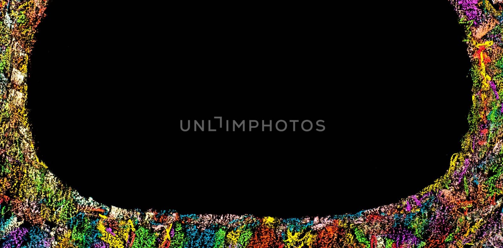 Colorful frame image isolated on black background, copy space available.Hand drawing on blackboard, horizontal shot, creativity concept