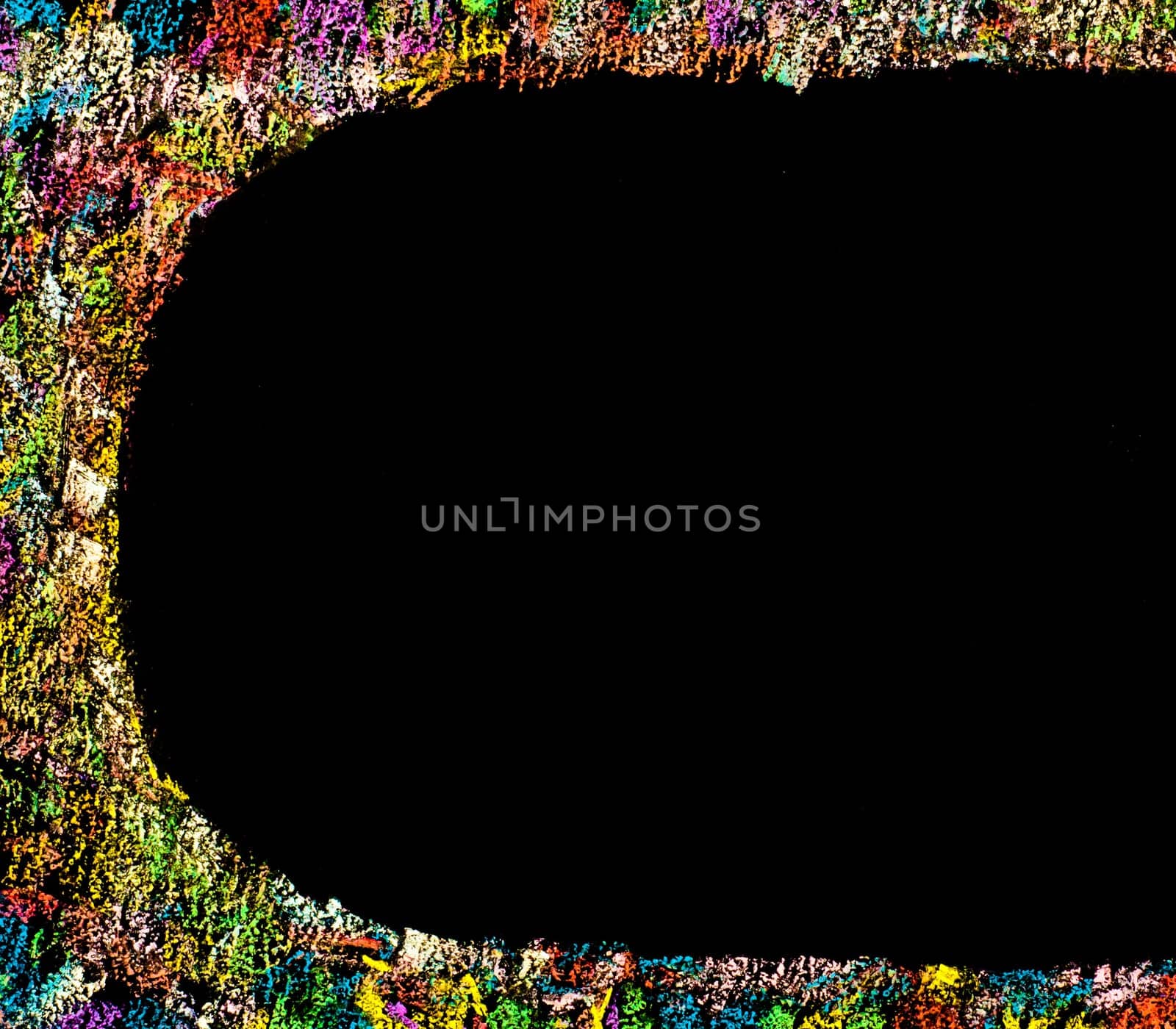 Colorful frame image isolated on black background, copy space available.Hand drawing on blackboard, horizontal shot, creativity concept