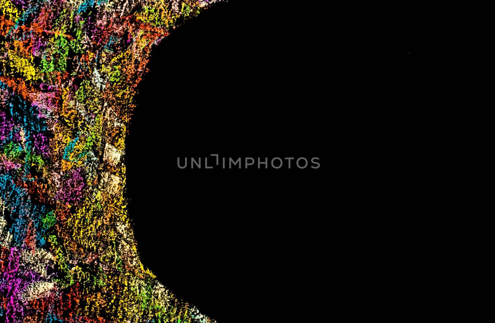 Colorful frame image isolated on black background, copy space available.Hand drawing on blackboard, horizontal shot, creativity concept