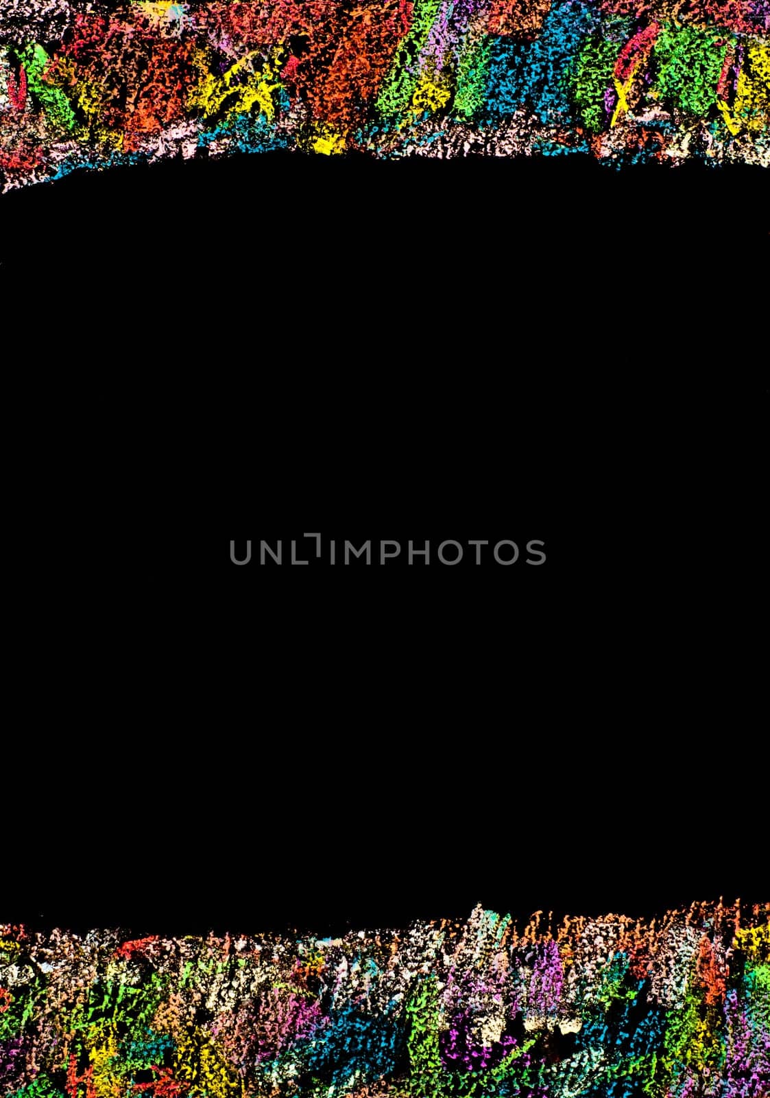 Colorful frame image isolated on black background, copy space available.Hand drawing on blackboard, horizontal shot, creativity concept