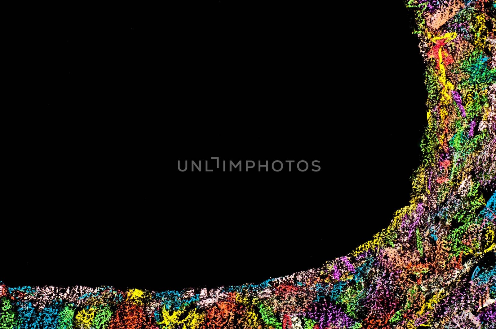 Colorful frame image isolated on black background, copy space available.Hand drawing on blackboard, horizontal shot, creativity concept
