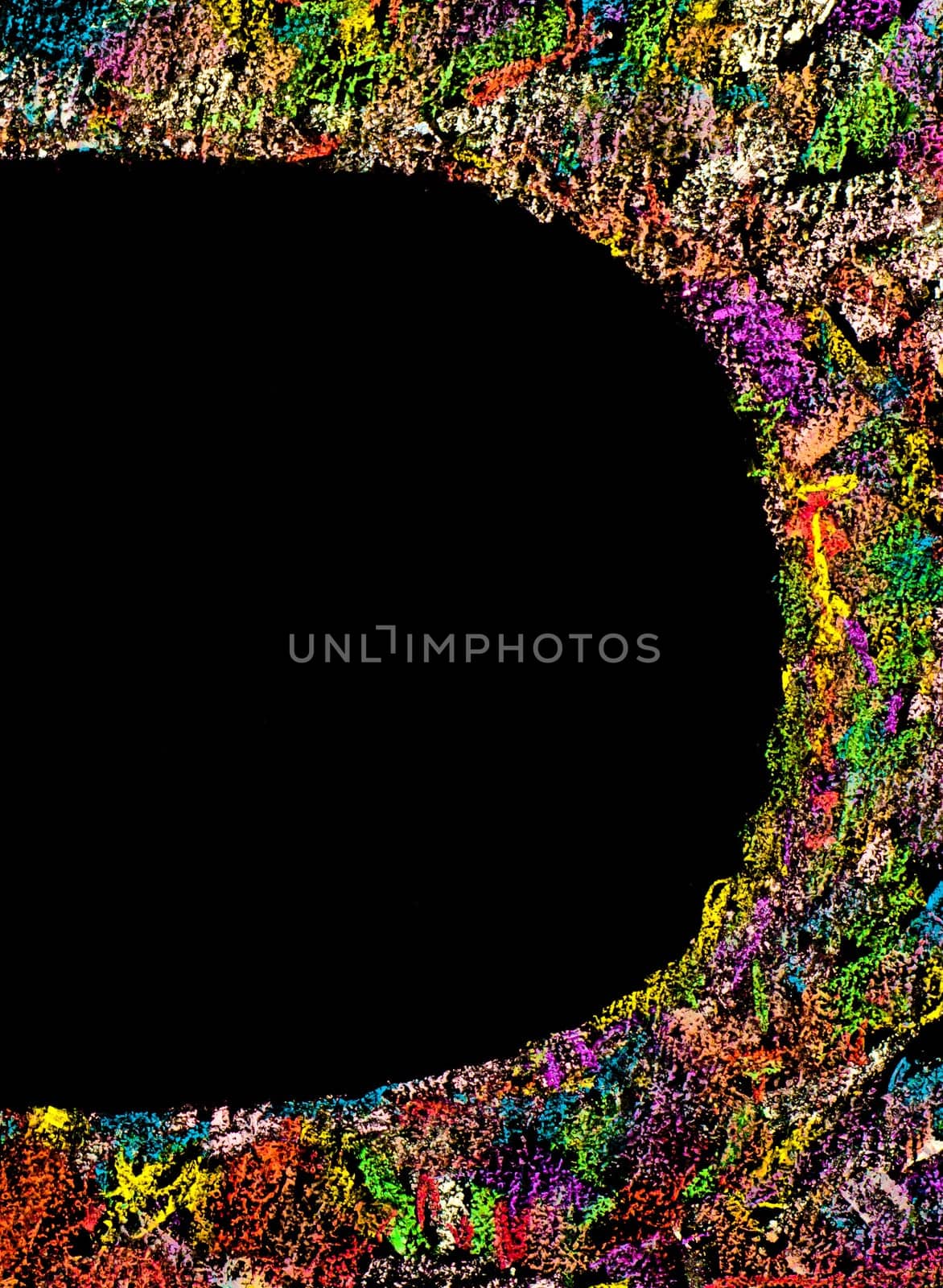 Colorful frame image isolated on black background, copy space available.Hand drawing on blackboard, horizontal shot, creativity concept