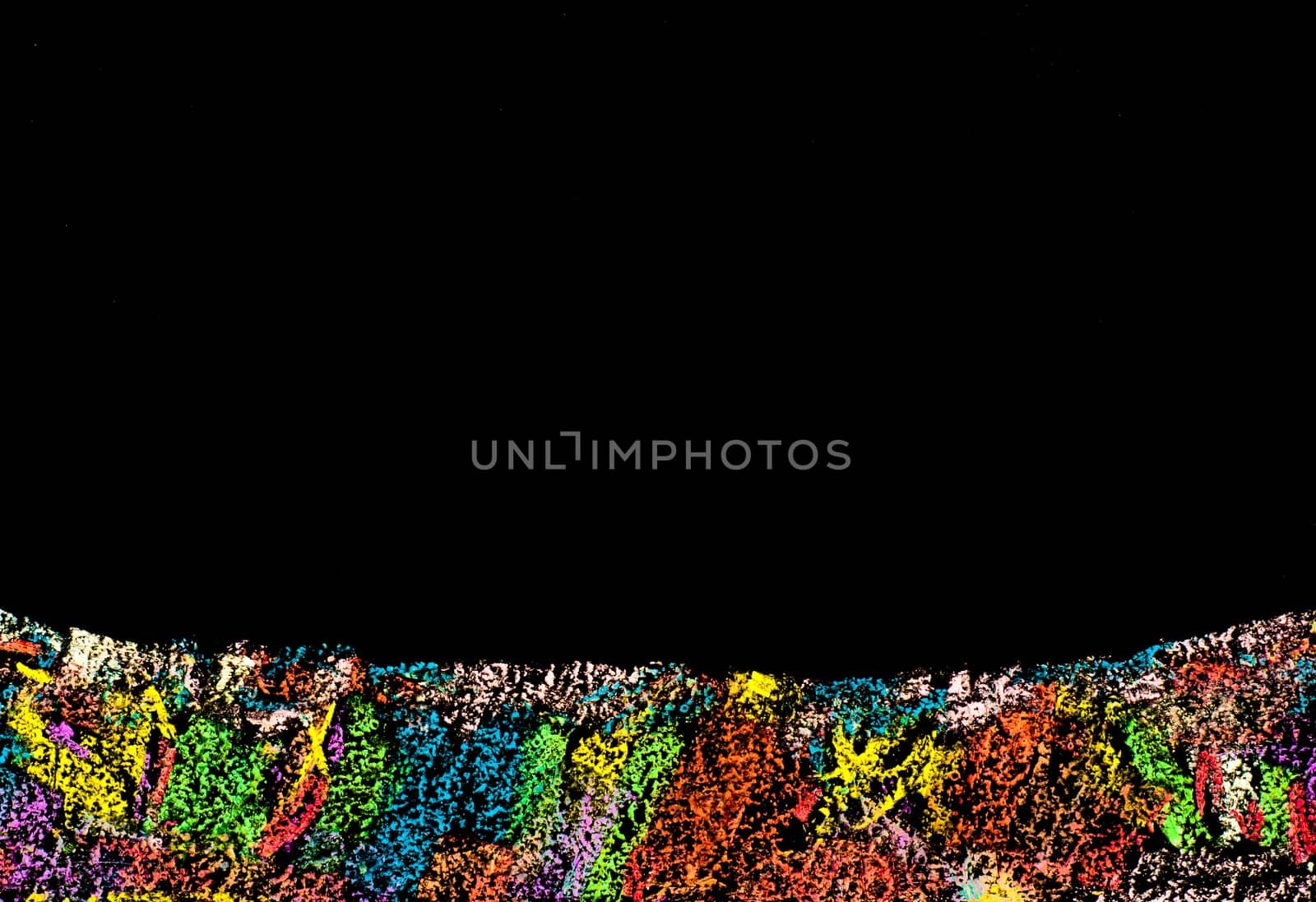 Colorful frame image isolated on black background, copy space available.Hand drawing on blackboard, horizontal shot, creativity concept