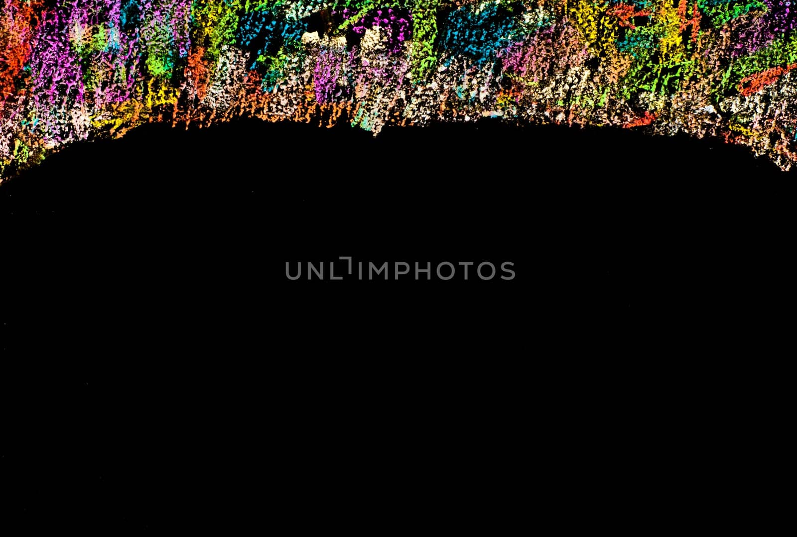 Colorful frame image isolated on black background, copy space available.Hand drawing on blackboard, horizontal shot, creativity concept