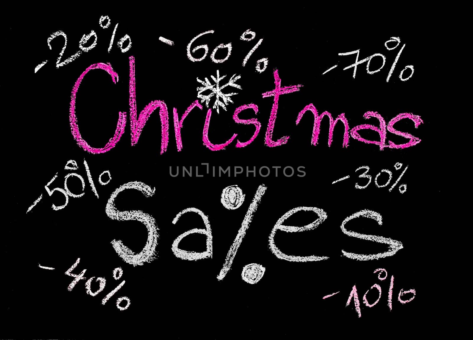 Sales conceptual image with discount figures around Christmas Sales text. Colorful Hand drawing on blackboard, isolated on black background, horizontal shot, holiday sale concept