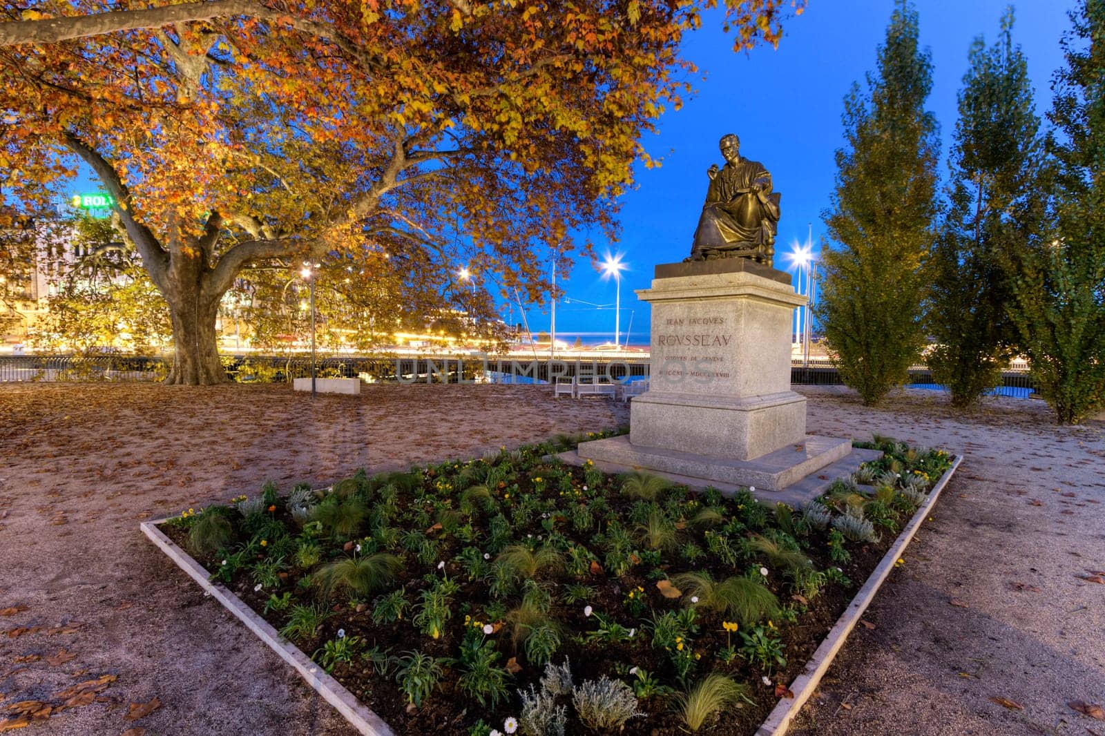 Statue of Jean-Jacques Rousseau by night, Geneva, Switzerland