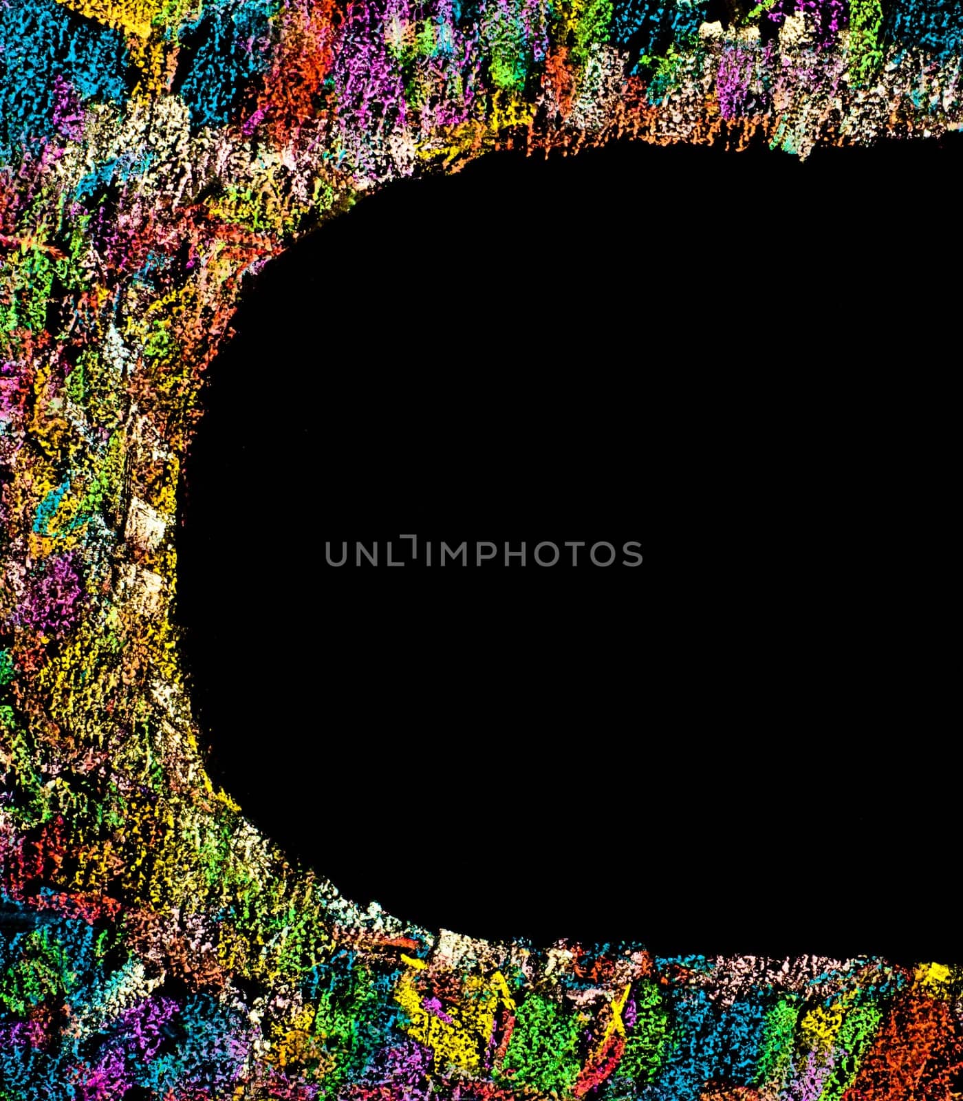 Colorful frame image isolated on black background, copy space available.Hand drawing on blackboard, horizontal shot, creativity concept