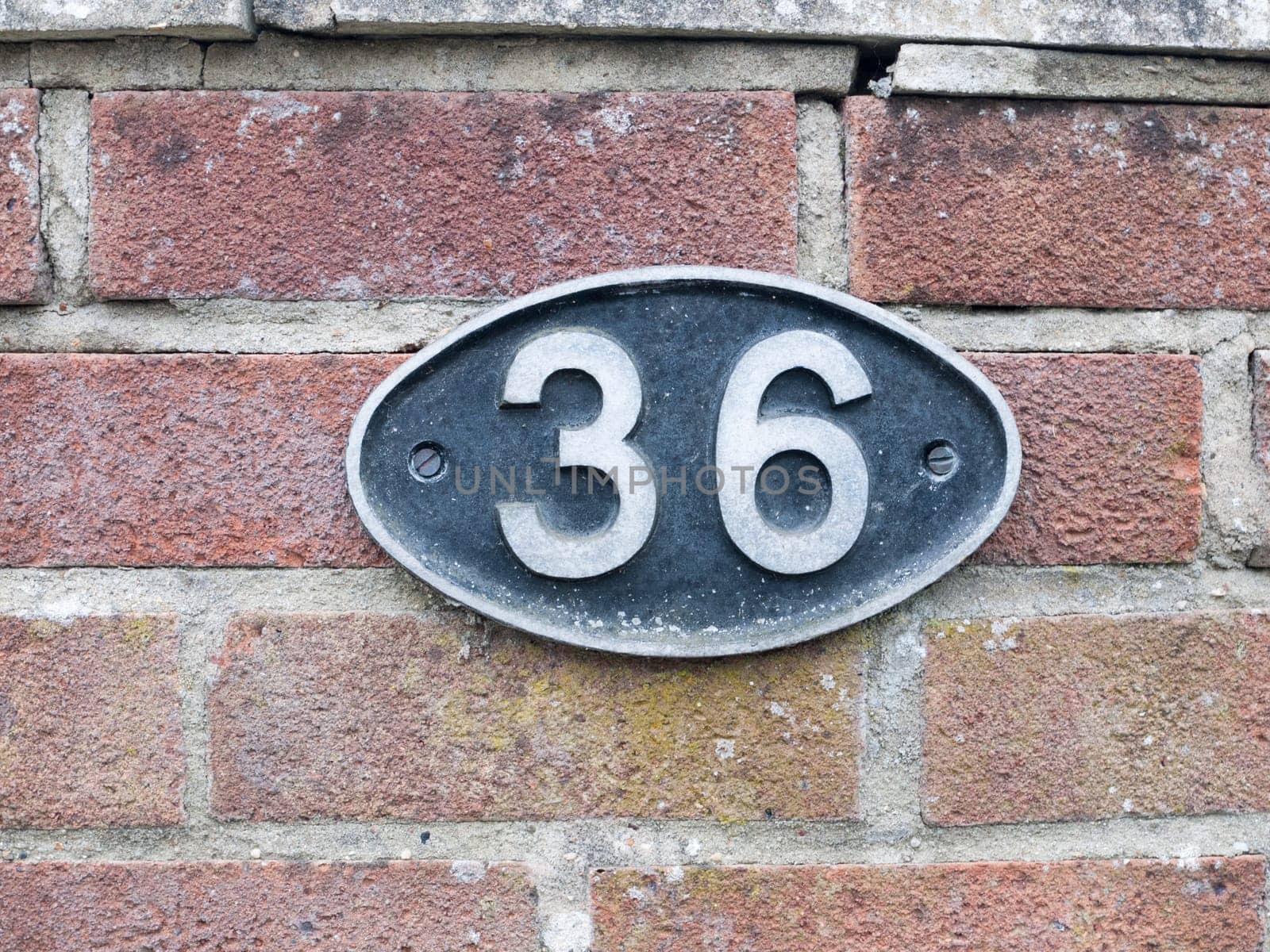 a number plate on a brick wall with 36 on it oval black sign stamp metal tag plate sign