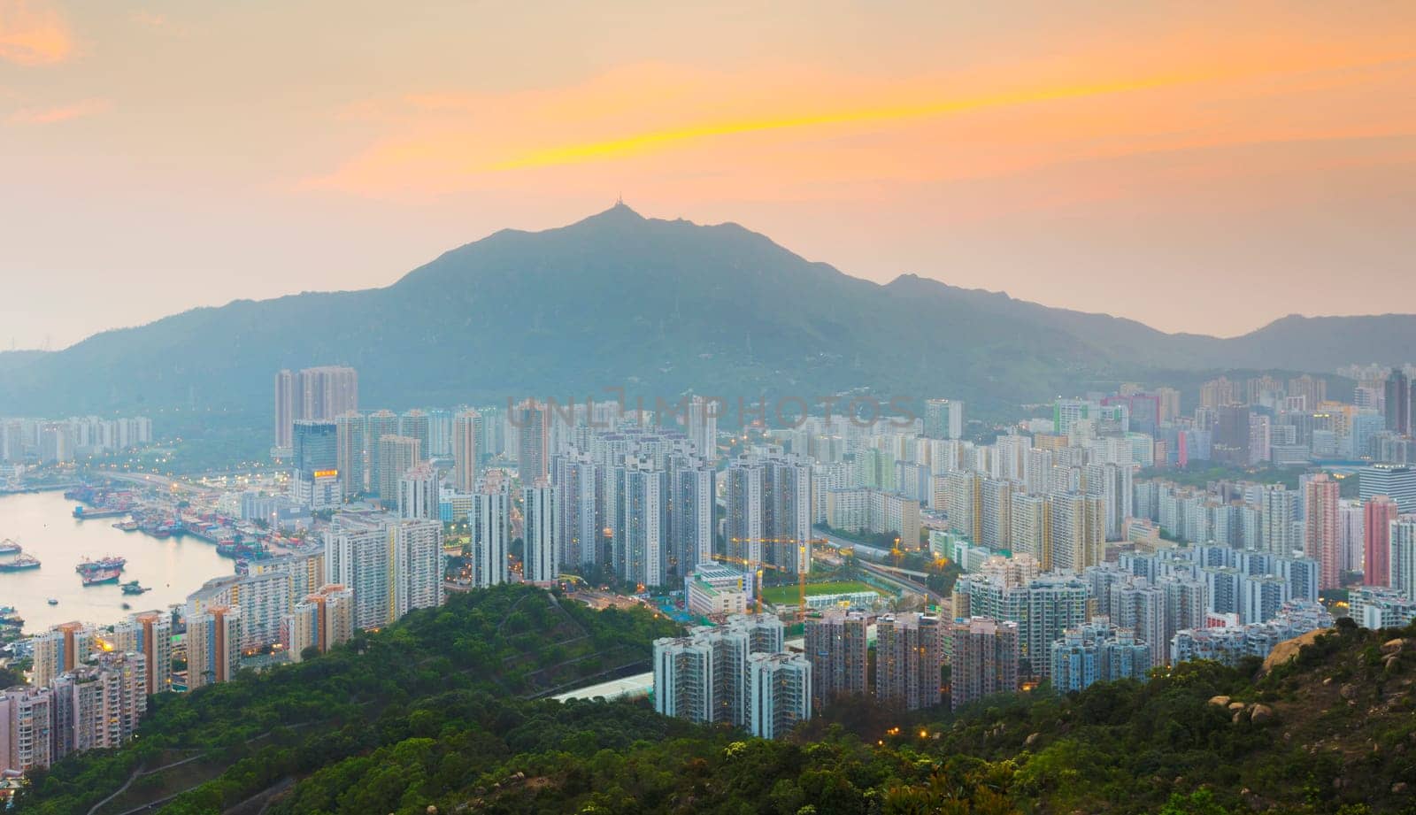 Hong Kong Tuen Mun downtown at sunset