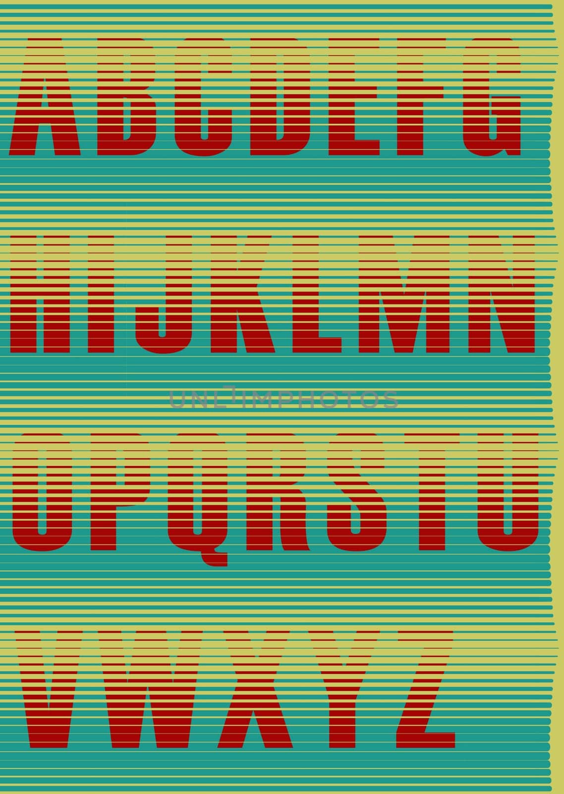 Striped unusual font. Jalousie Alphabet. Red symbols with green background. Illustration.