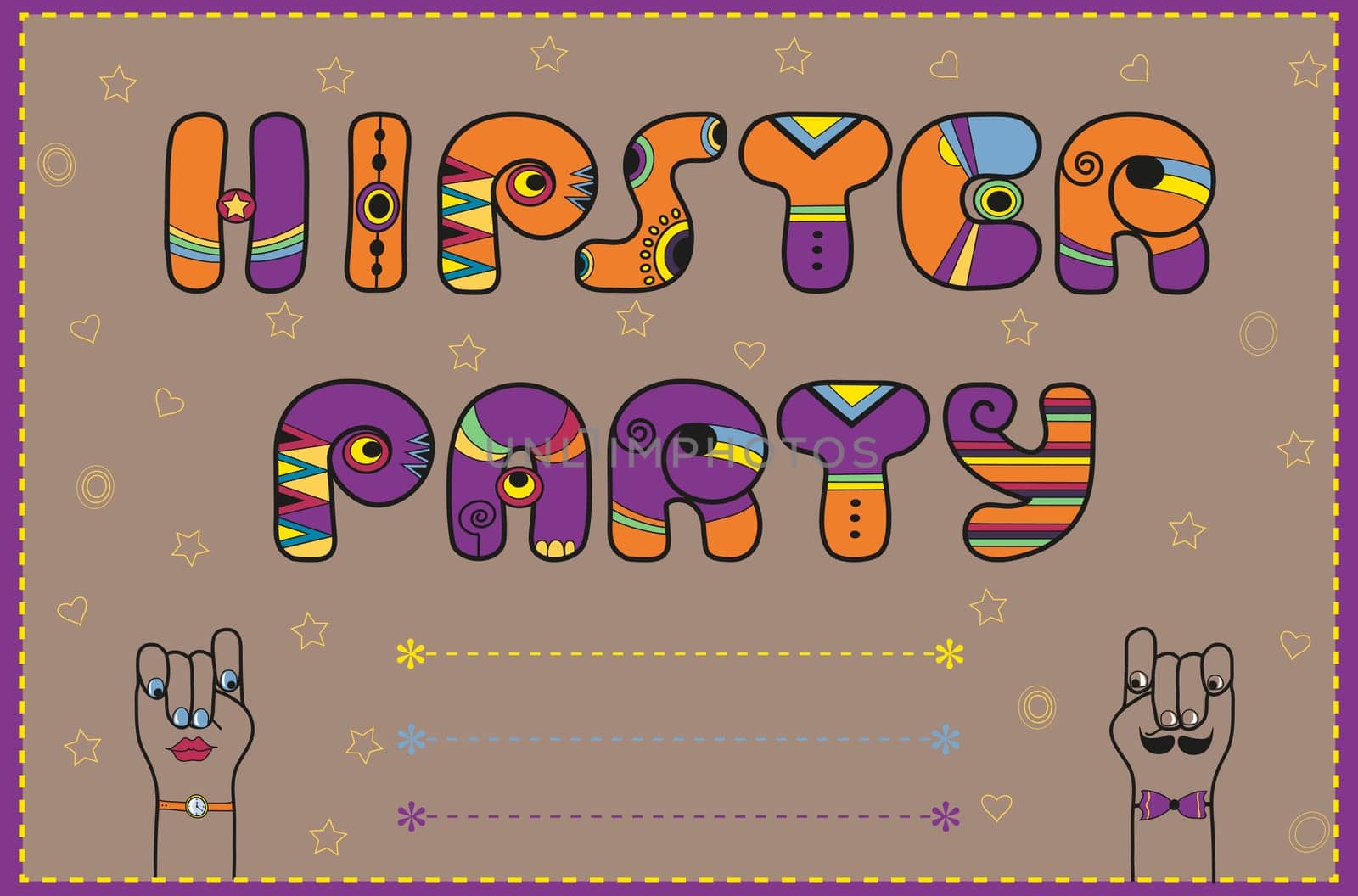 Inscription Hipster Party. Funny invitation. Purple Letters with orange parts. Cartoon hands looking at each other. Place for custom text. illustration.