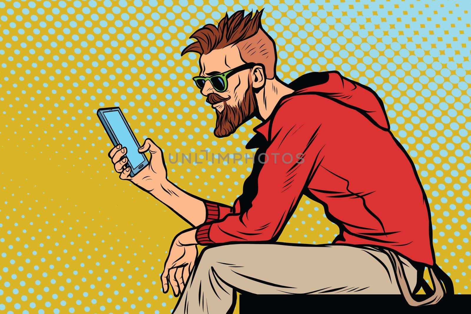 The hipster looks at smartphone. Pop art retro vector illustration