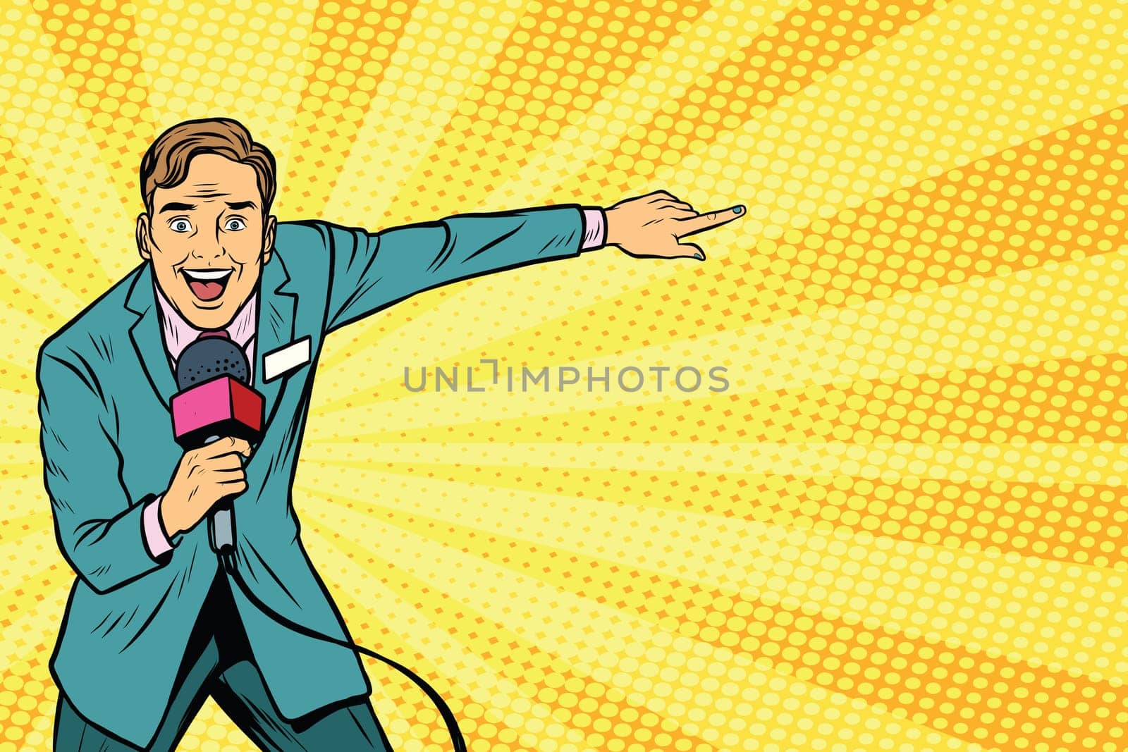 joyful TV reporter broadcasts live. Pop art retro vector illustration