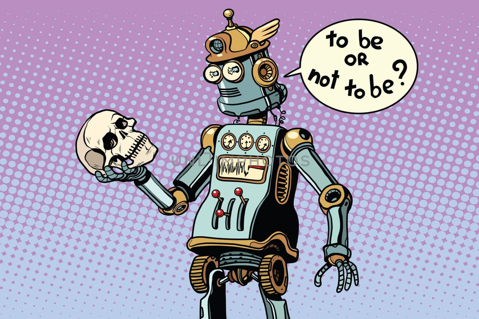 robots and humanity, a scene from hamlet. Pop art retro vector illustration