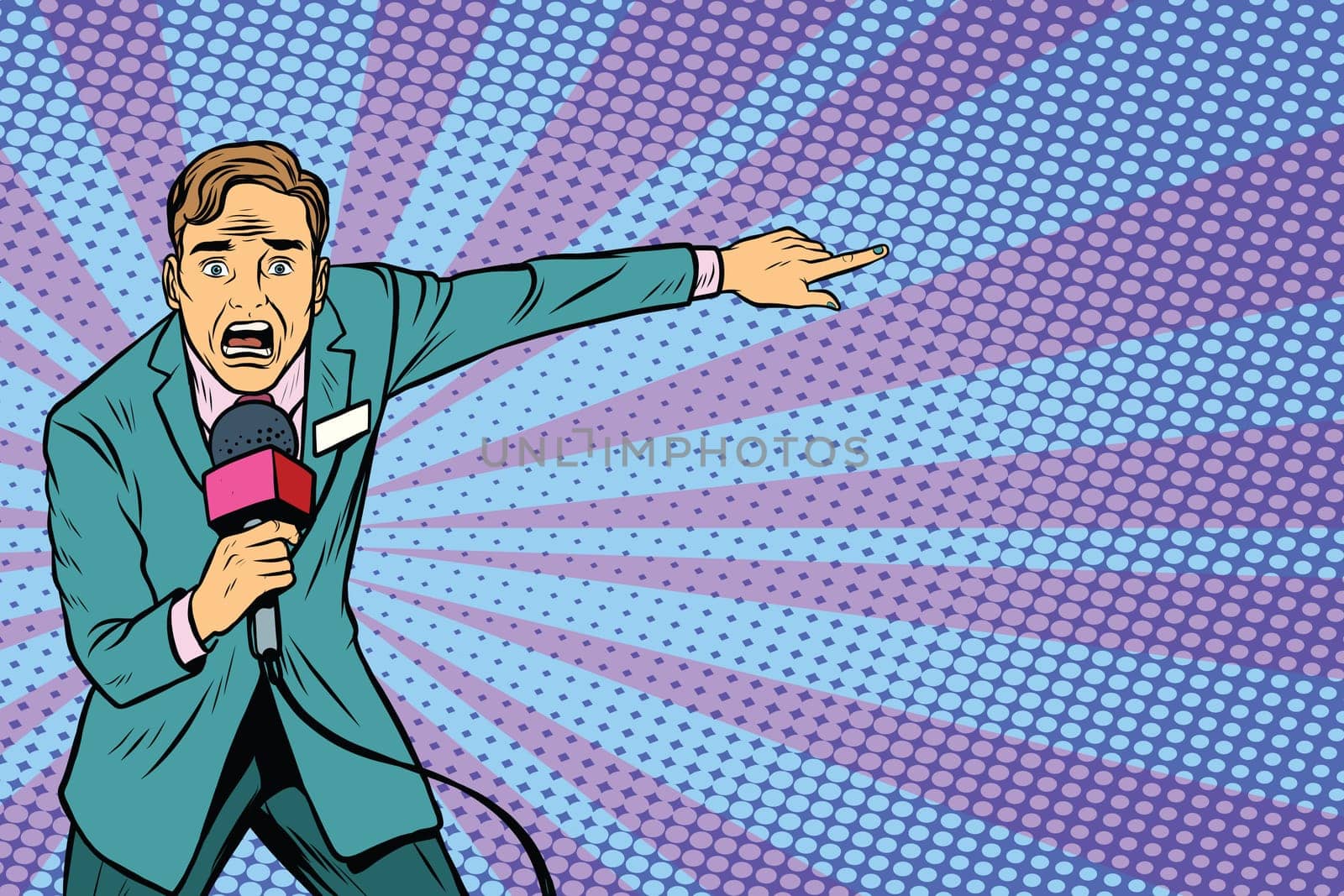 frightened TV reporter, crime reporting or disaster. Pop art retro vector illustration