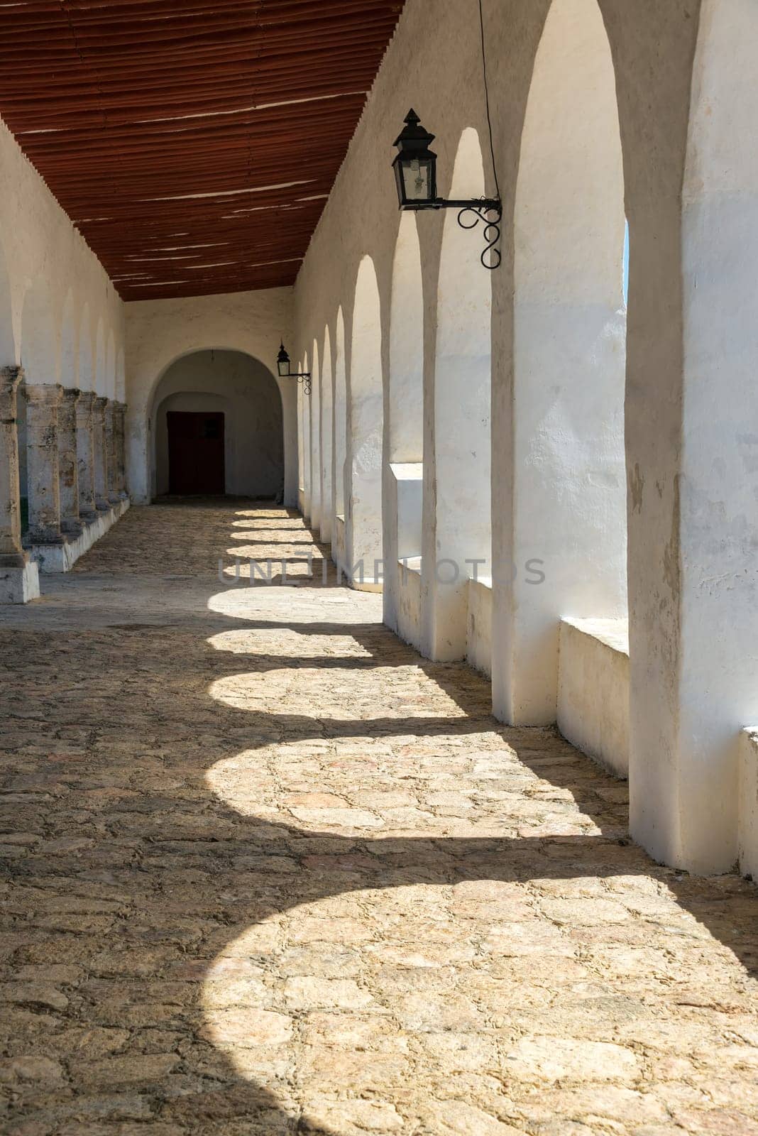 Old colonial corridor in the monastery in Izamal, Mexico
