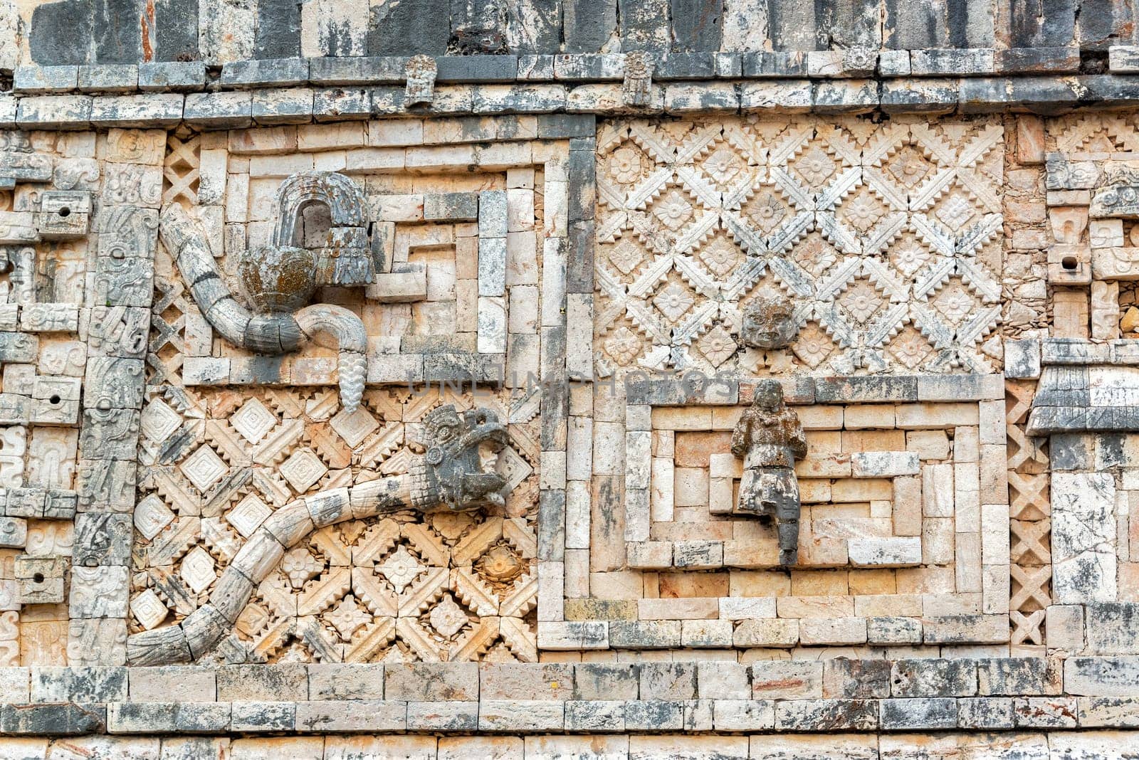 Striking details in the ruins of the ancient Mayan city of Uxmal, Mexico