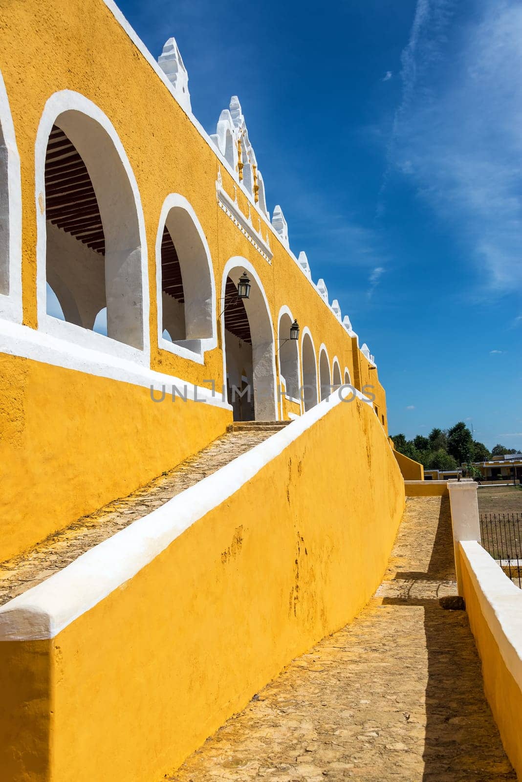 Vertical view of the exterior of the monastery in Izamal, Mexico