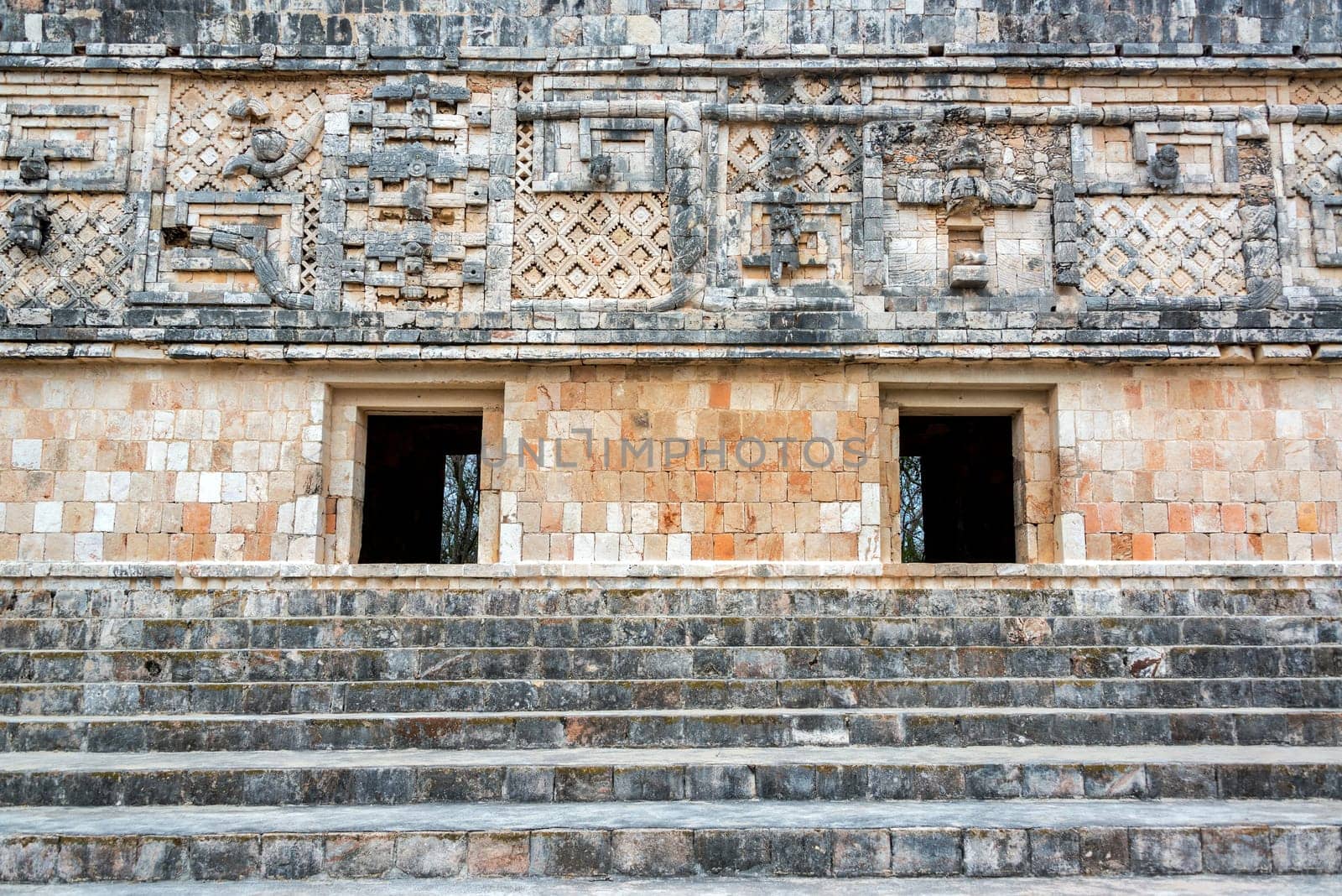 Stairs and ornate ruins of the Mayan city of Uxmal in Mexico