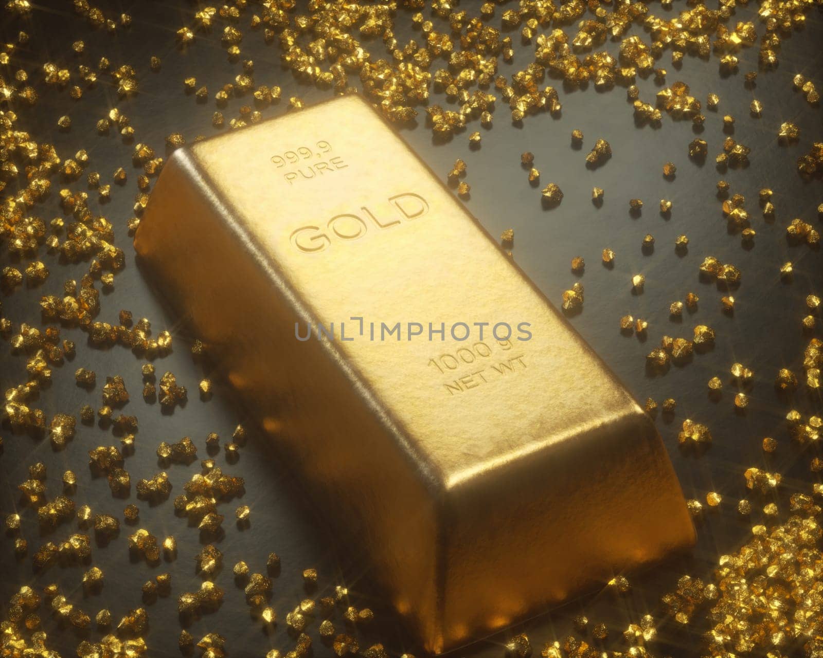 Gold bar 1000 grams, in the middle of gold nuggets. Gold exploration and mining concept.