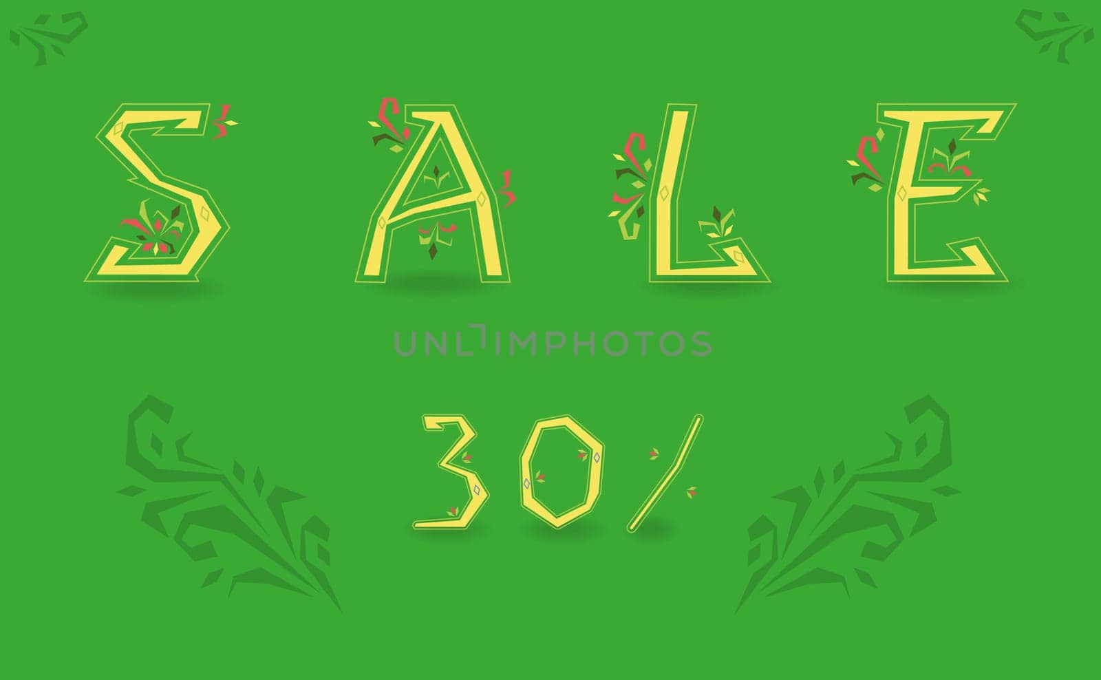 Inscription Sale. Thirty percents. Delicate letters with floral pattern. Floral decor. Green background. Artistic font. Illustration.