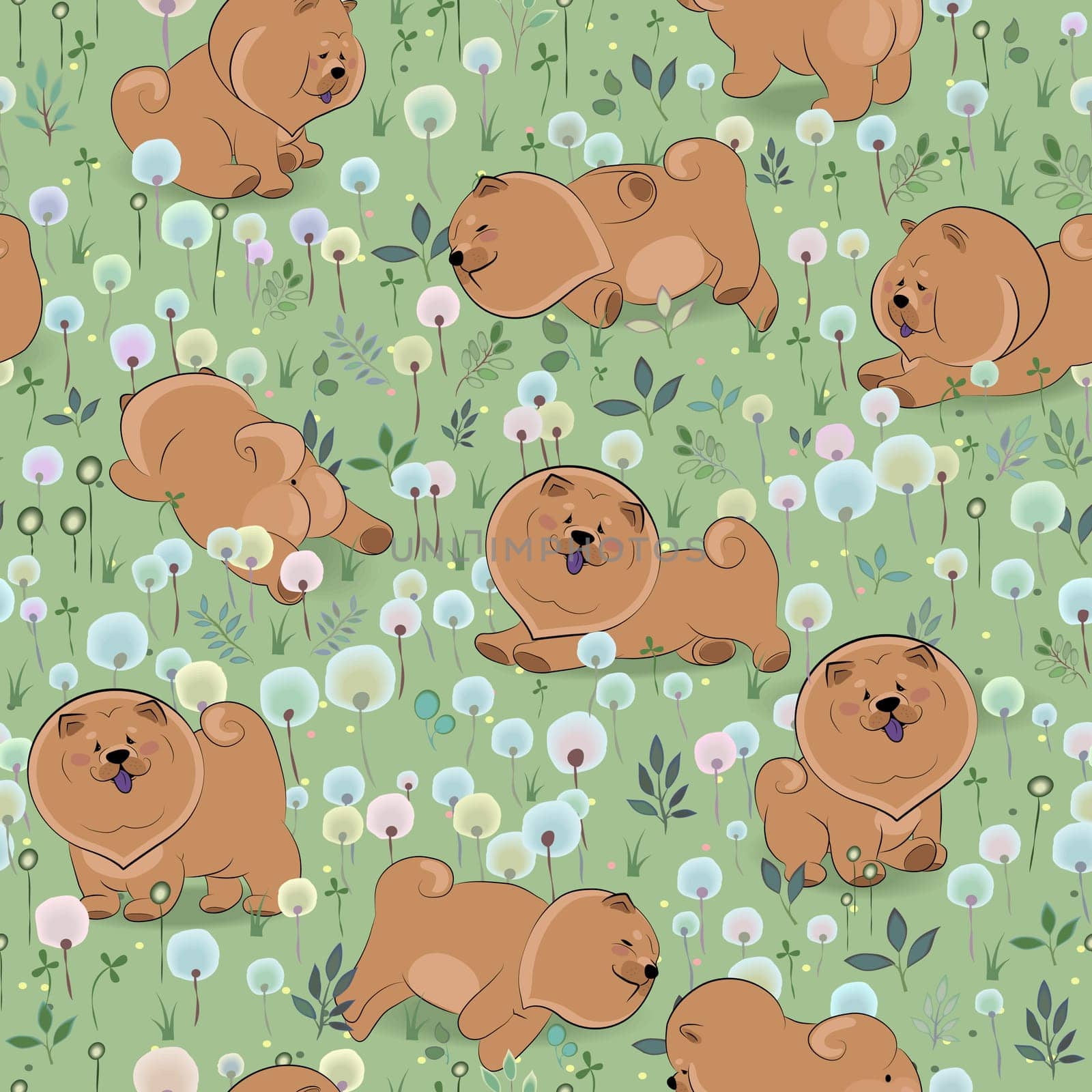 Happy dogs chow-chow on the blossoming field. Watercolor flowers and plants. seamless pattern.