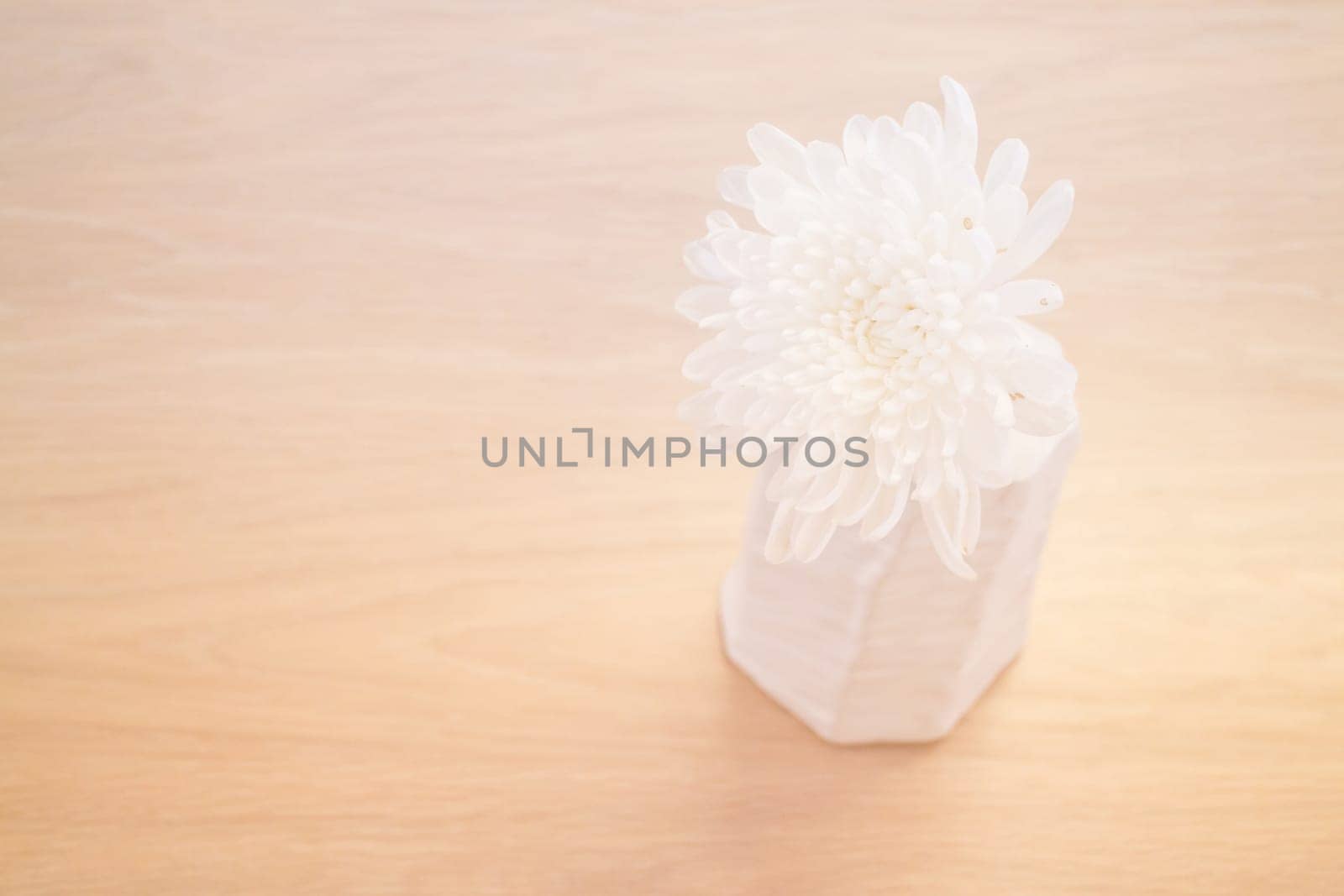 Contemporary Wooden Table With White Flower, stock photo