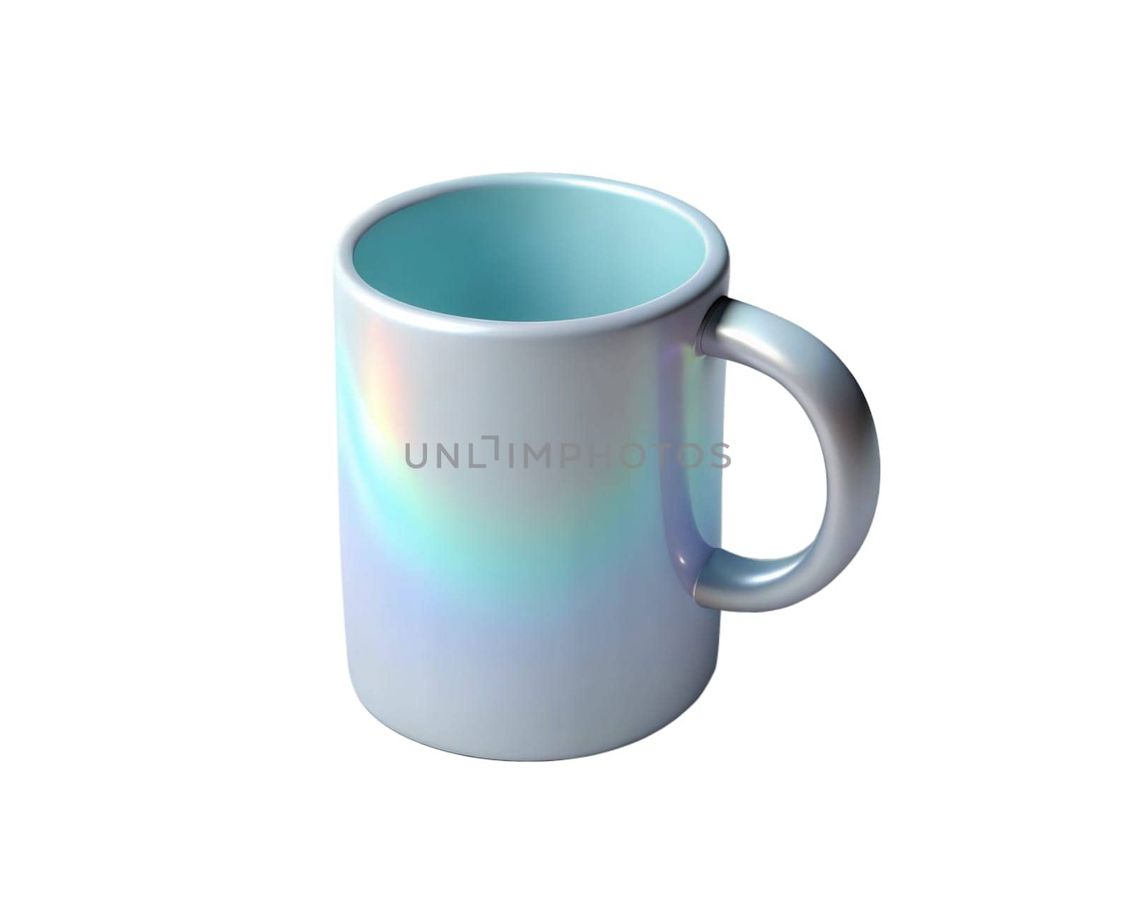 A shiny, holographic 3D coffee mug with a smooth gradient and modern design, isolated on white background, perfect for displaying beverages or as a decorative object.