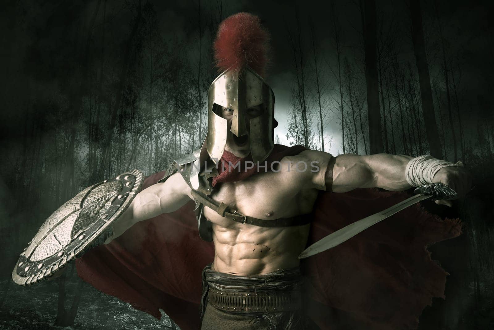 Ancient warrior or Gladiator ready to battle in a dark forest
