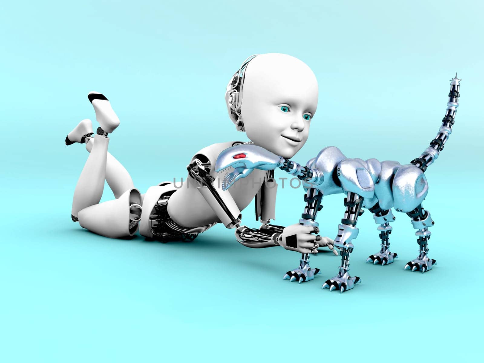 3D rendering of a robot child lying on the floor and playing with a toy robot dog. Bluish background.