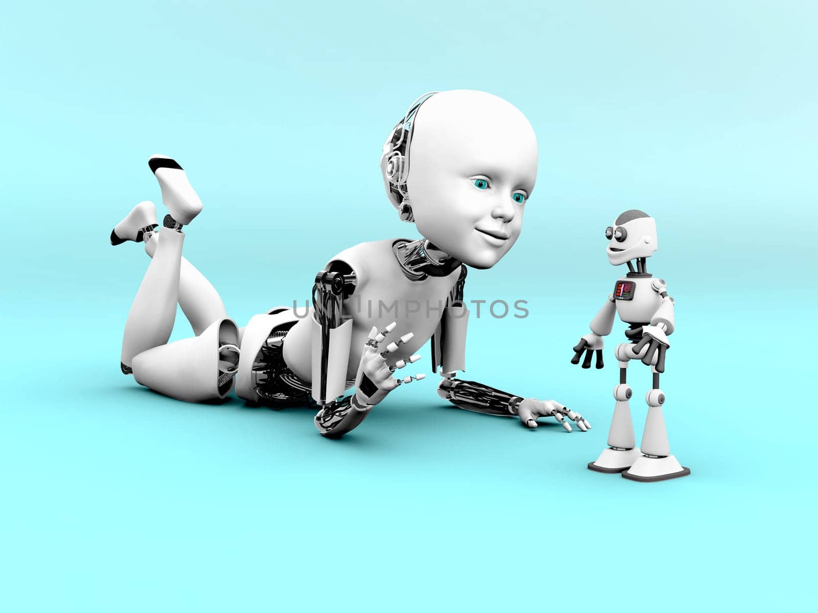 3D rendering of a robot child lying on the floor and playing with a toy robot. Bluish background.