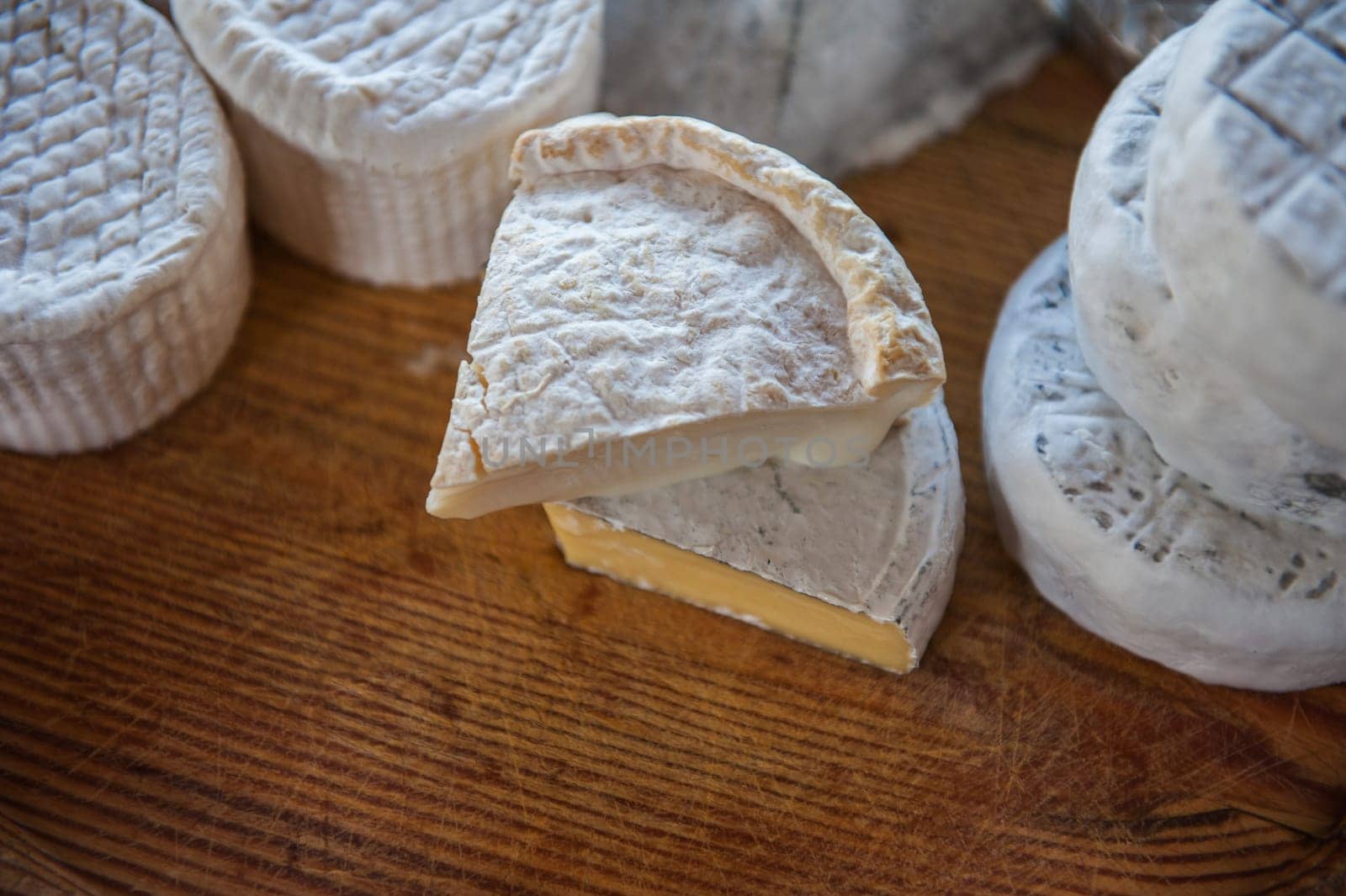 Set of different cheese: camembert, croton, mozzarella, smoked mozzarella and other