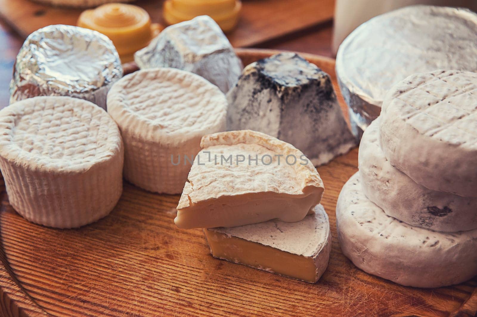 Set of different cheese: camembert, croton, mozzarella, smoked mozzarella and other