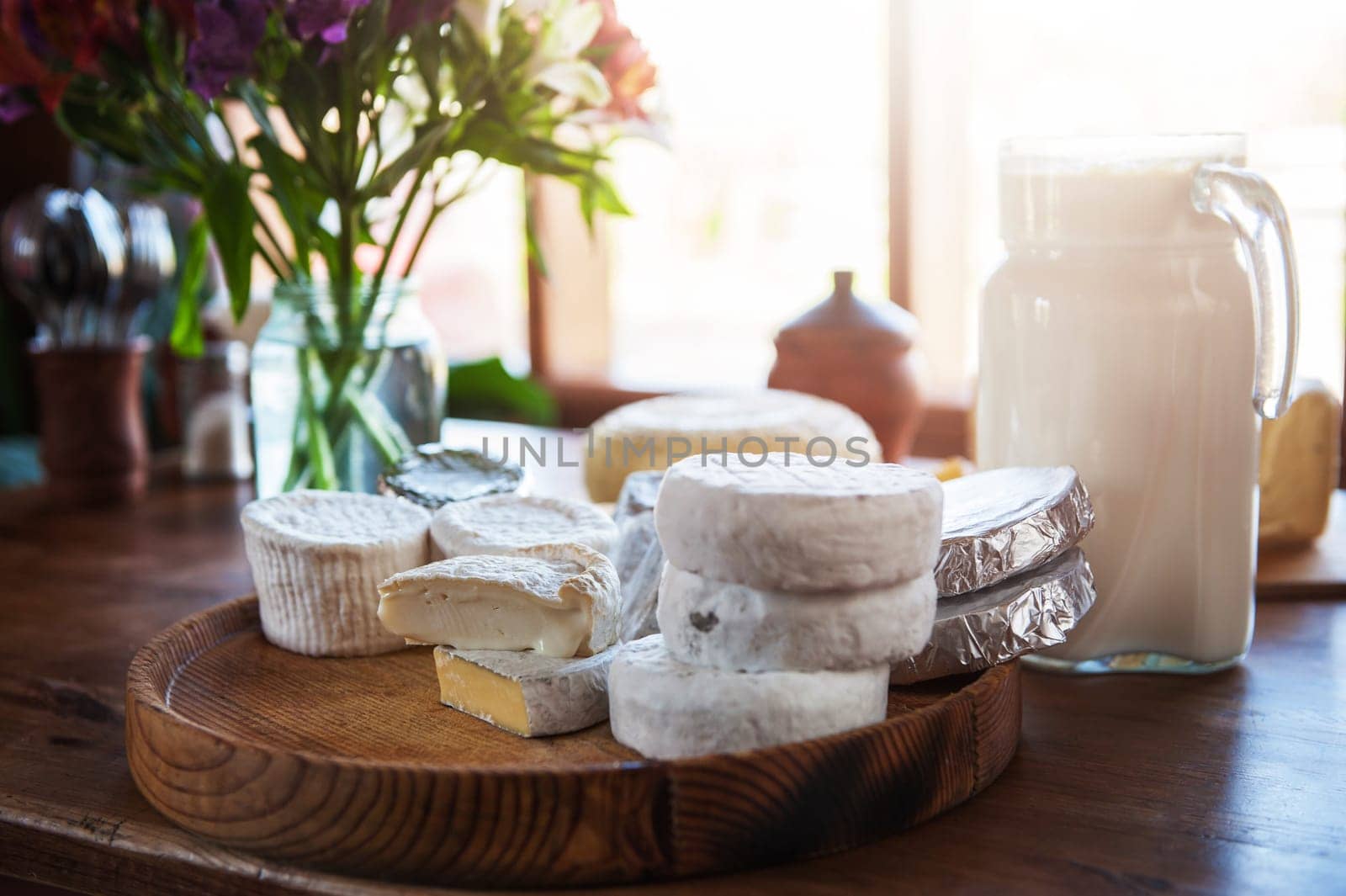 Set of different cheese: camembert, croton, mozzarella, smoked mozzarella and other