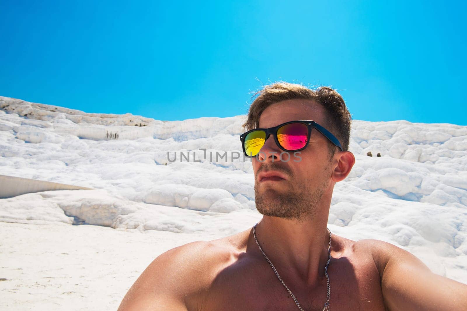 Portrait of man in Pammukale near modern Turkey city Denizli, Turkey