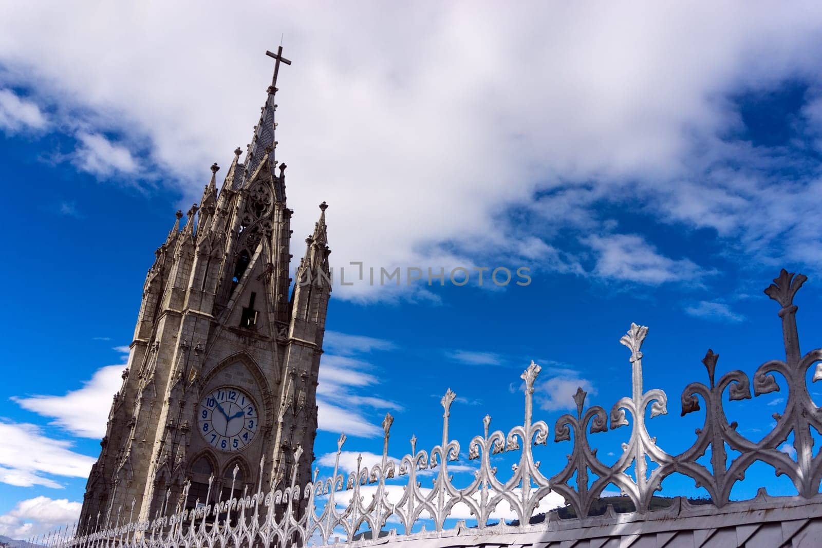 One of the towers of the Basilica of the National Vow in Quito, Ecuador