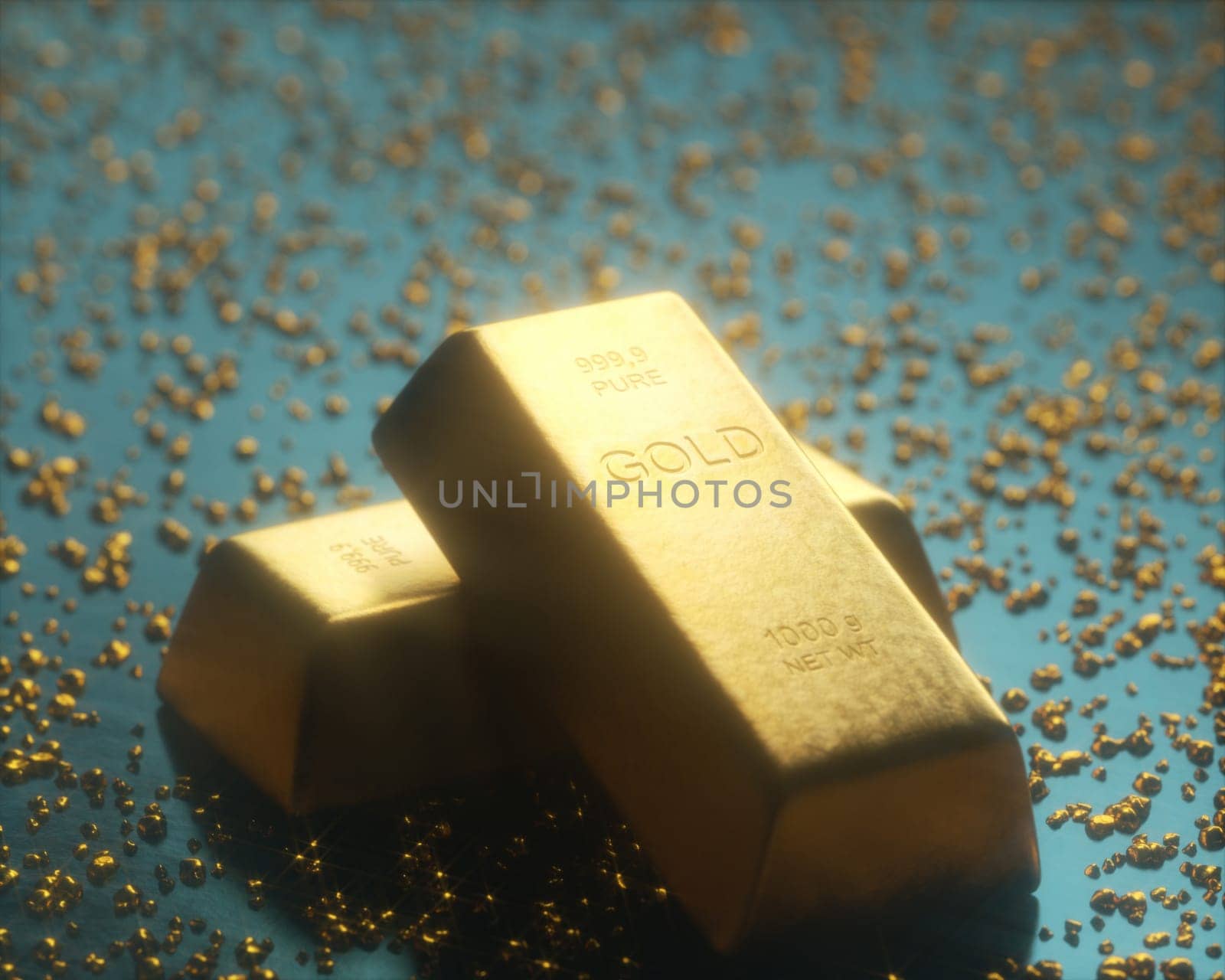 Gold bar 1000 grams, in the middle of gold nuggets. Gold exploration and mining concept.