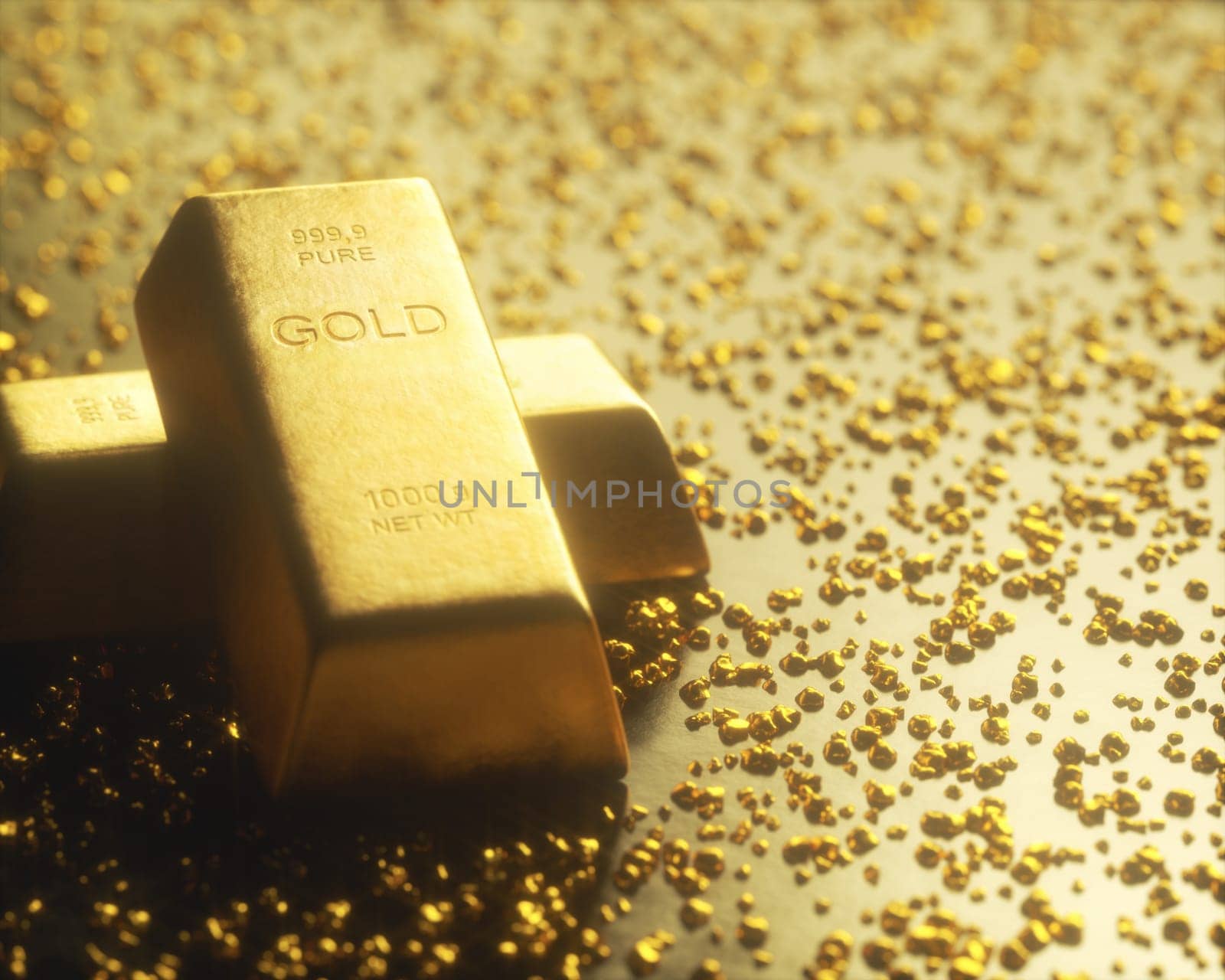 Gold bar 1000 grams, in the middle of gold nuggets. Gold exploration and mining concept.