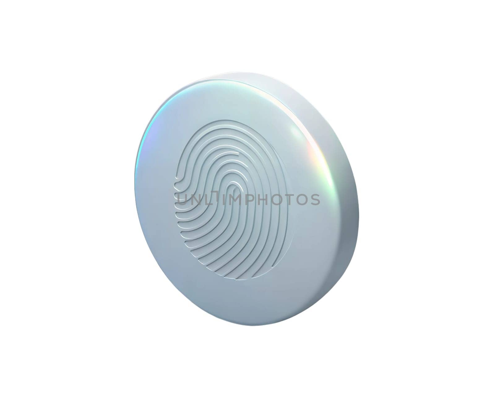 A sleek holographic 3D fingerprint icon, isolated on white background, symbolizing security, identity, and modern technology with a shiny, futuristic design