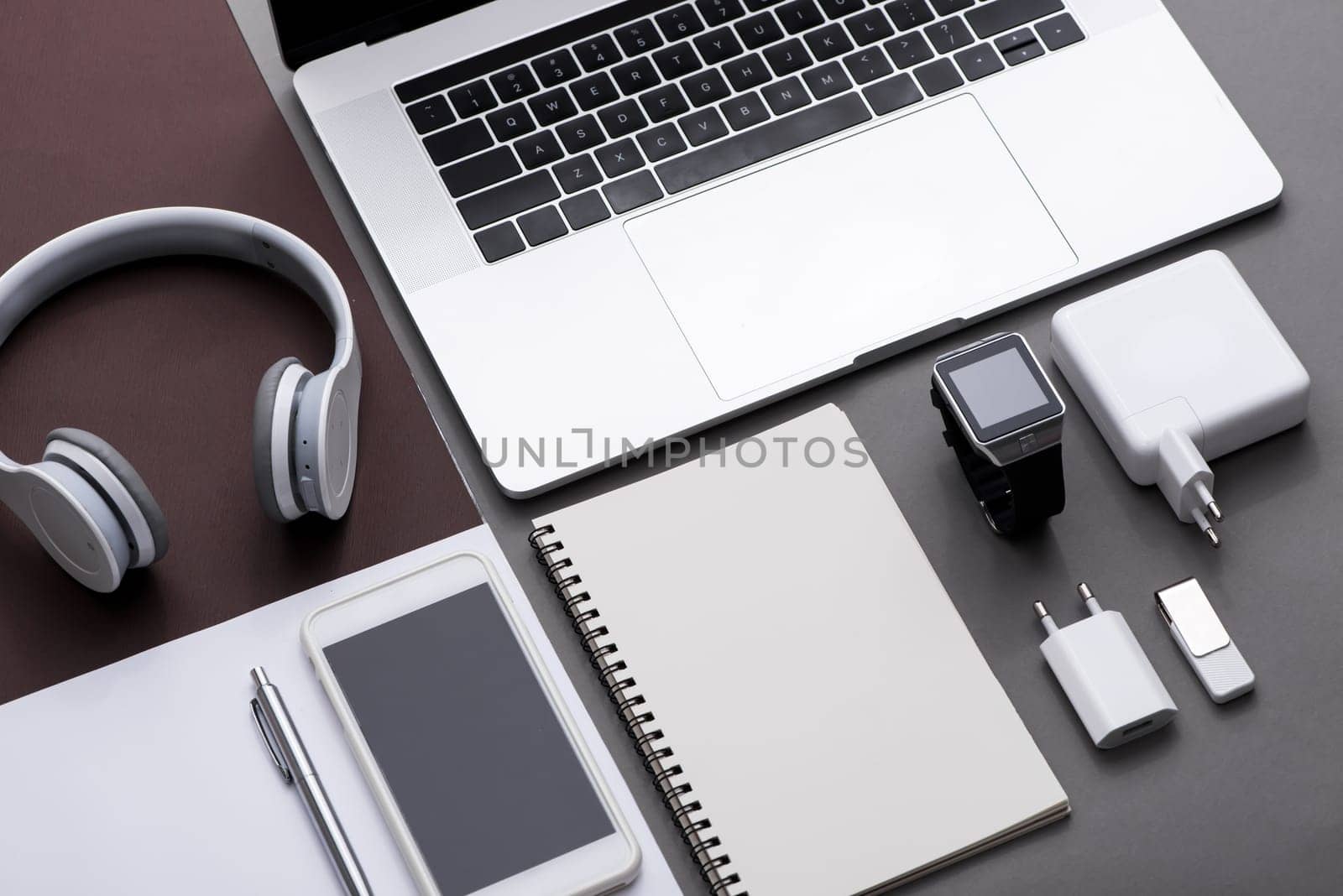 Set of black and white of office supplies and business gadgets.
