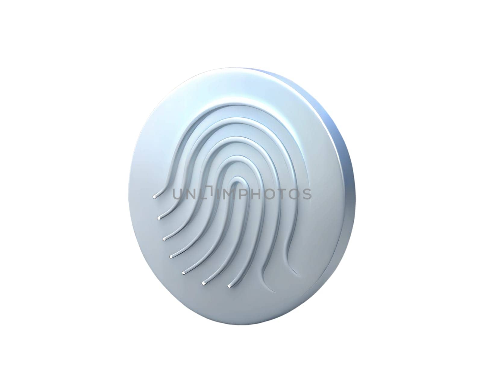 A sleek holographic 3D fingerprint icon, isolated on white background, symbolizing security, identity, and modern technology with a shiny, futuristic design