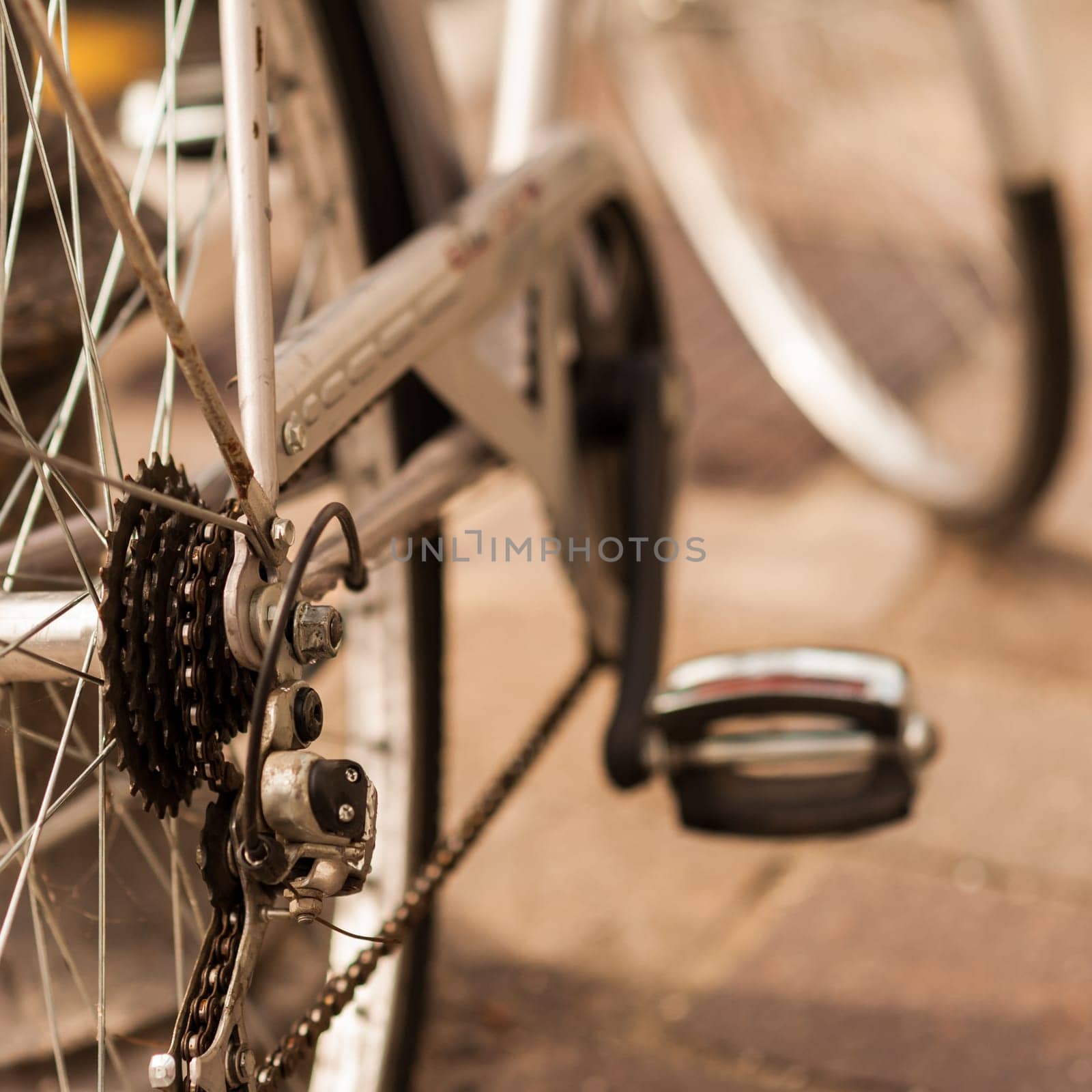 Bicycle. Selective focus on chain and transmission. Rear gear  and bike chain.