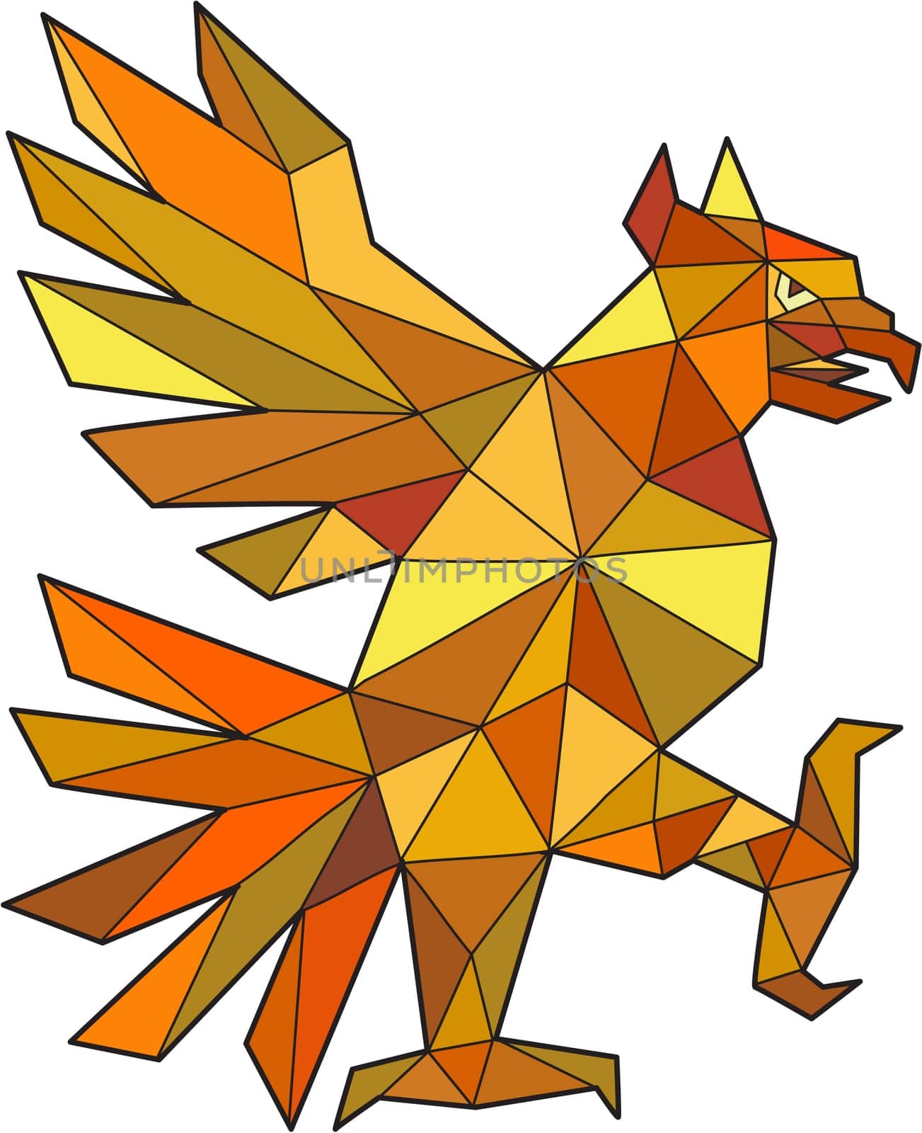Low polygon style illustration of a glifo from the azteca's culture of a Cuauhtli showing an eagle in a fighting stance viewed from the side set on isolated white background.