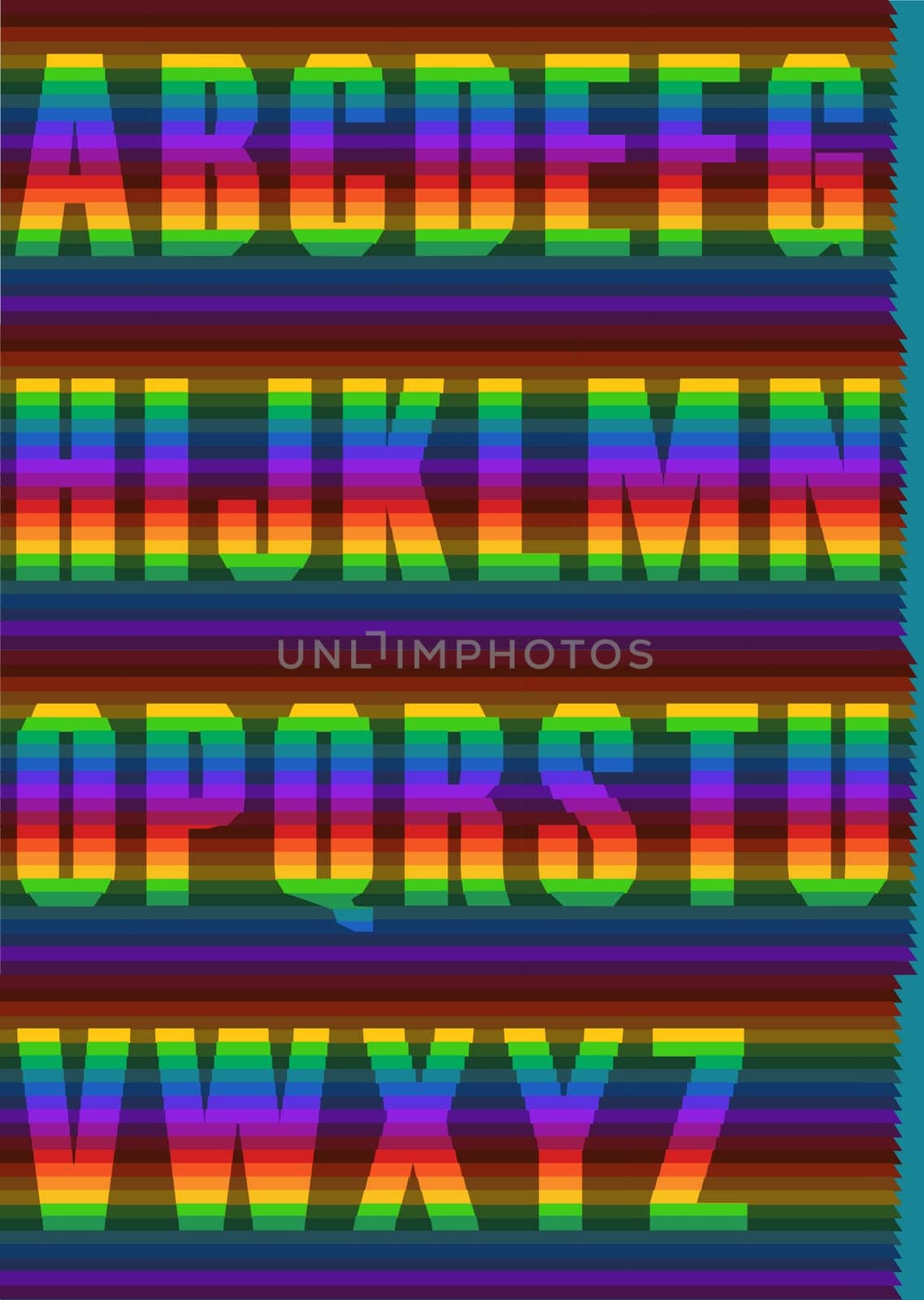 Unusual font. Striped Spectral Alphabet. Artistic raimbow symbols. Illustration