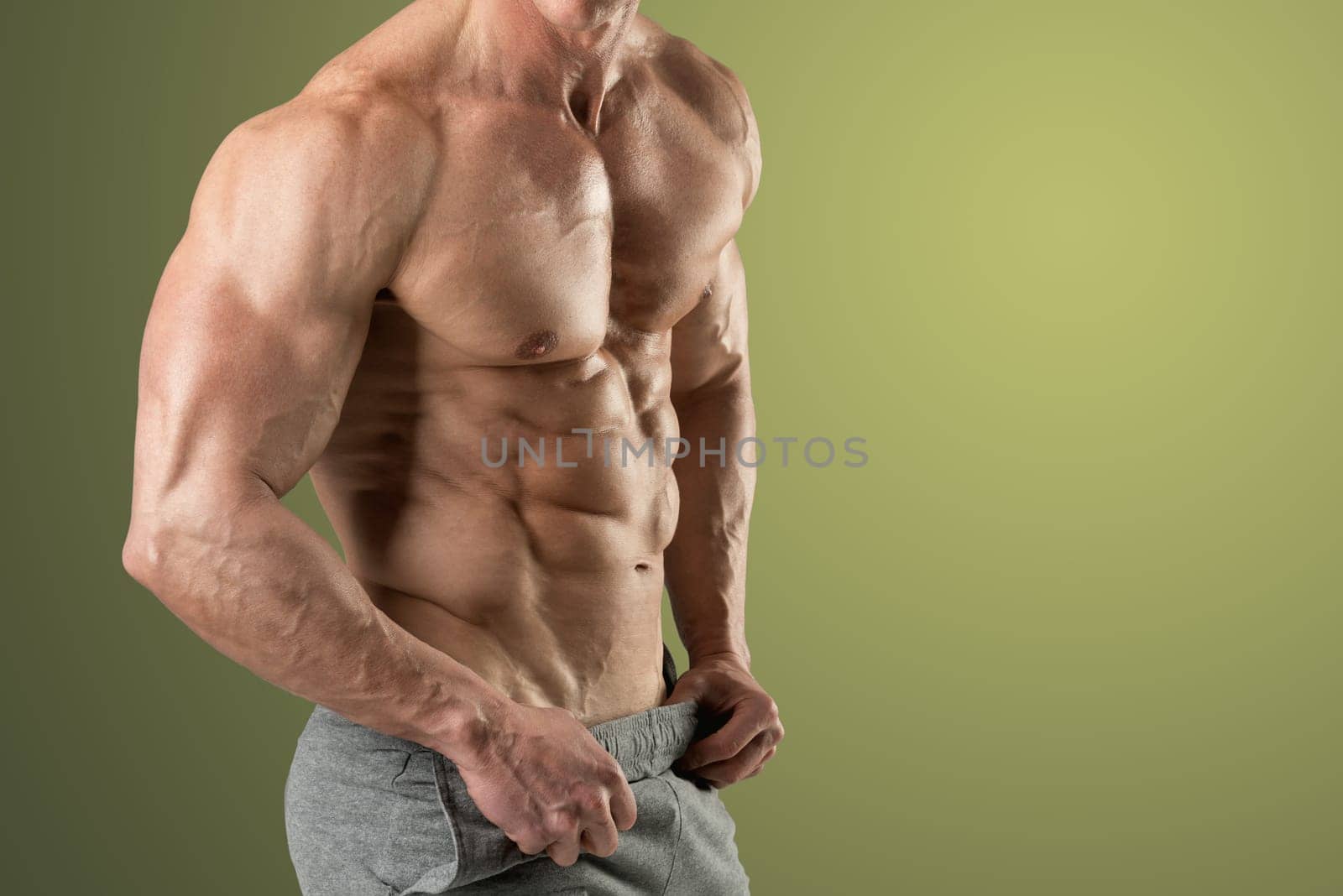 Strong bodybuilder with six pack, perfect abs, shoulders, biceps, triceps and chest.