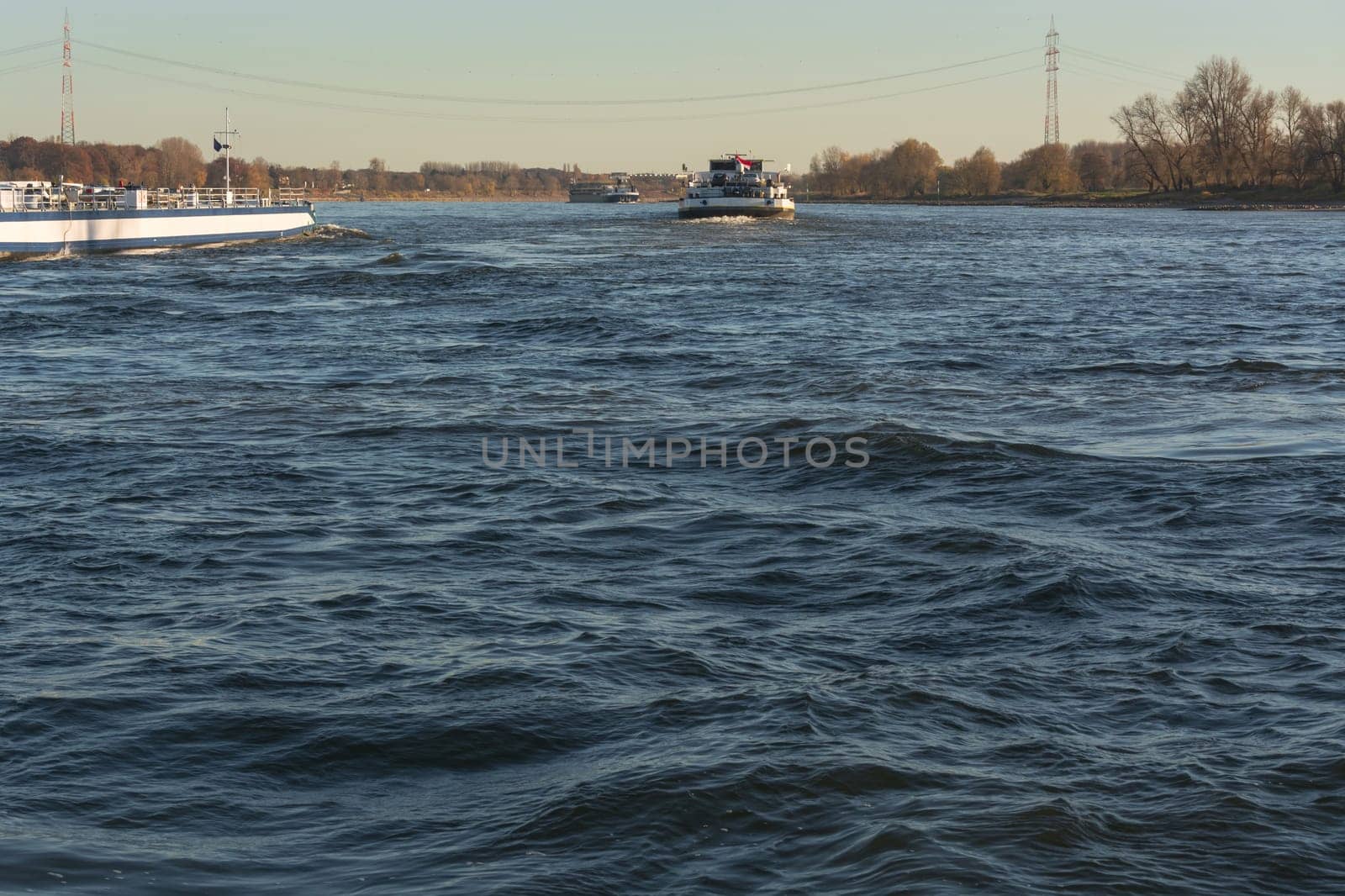 Shipping traffic on the Rhine near Dormagen Zons in Germany..