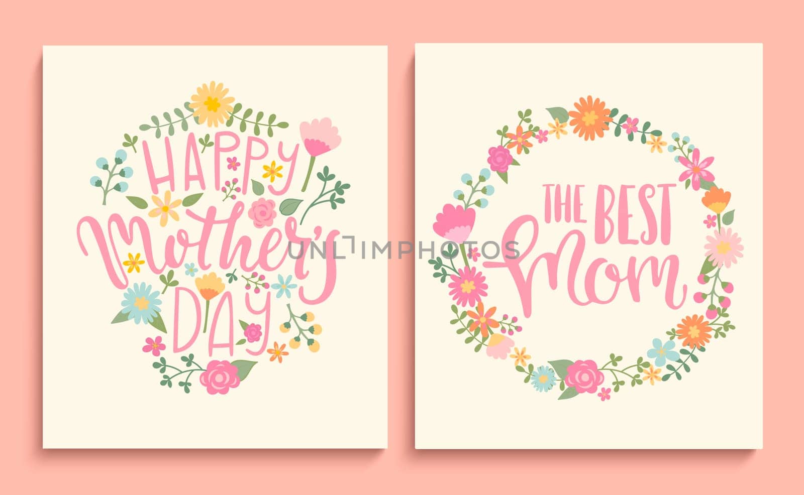 Set of Happy Mother's day cards with handdrawn lettering in floral circle. Vector Illustration.