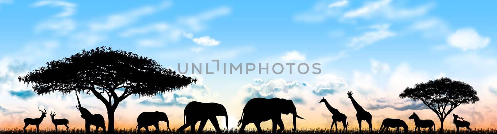 Silhouettes of wild animals of the African savannah. Wild Animals of Africa against the sky and the sun.