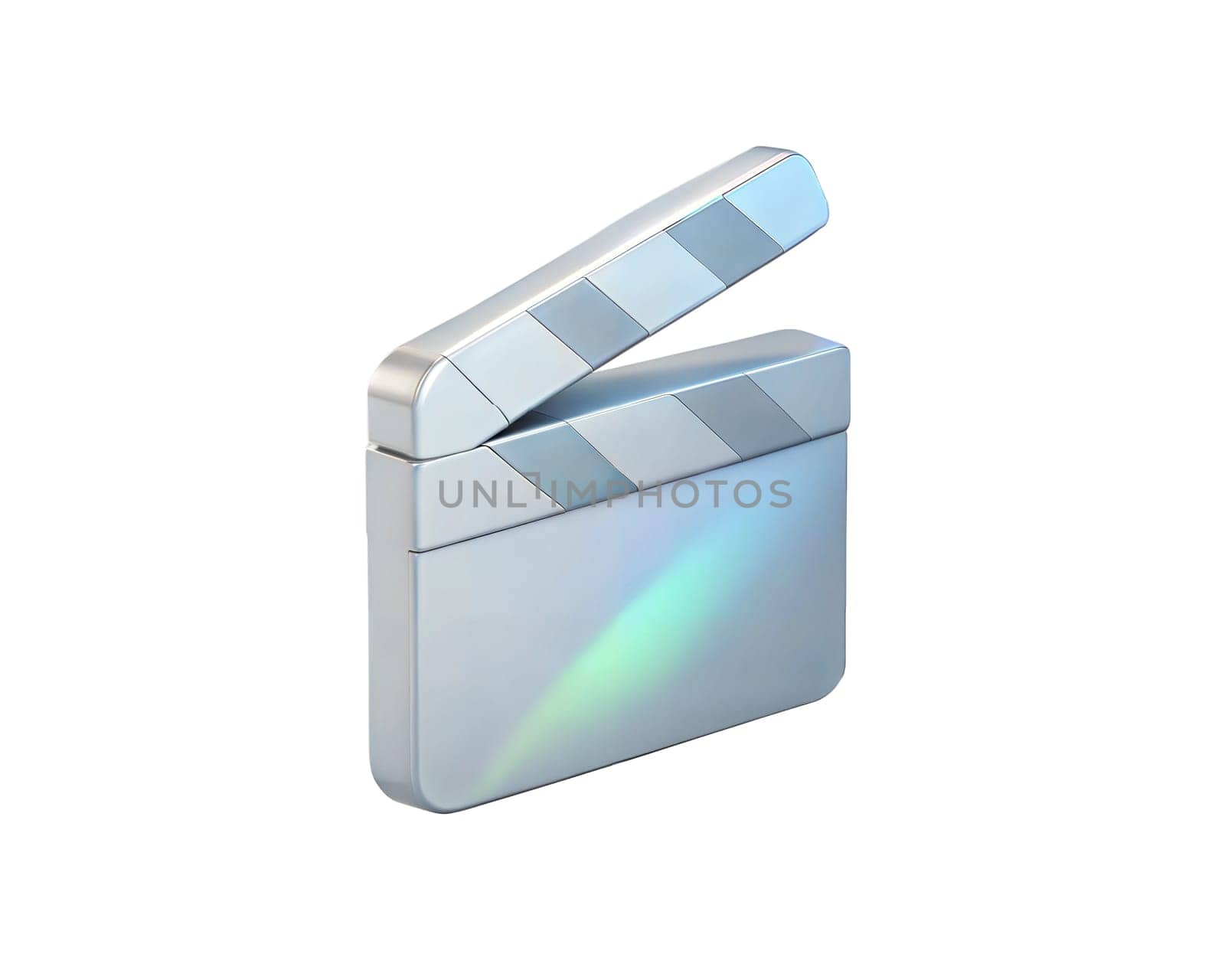 A modern holographic 3D icon of a film clapper, isolated on white background, symbolizing filmmaking, production, video, and movie industry in a sleek digital design